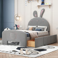 Twin Size Velvet Platform Bed With Rabbit Shaped Headboard, With Drawers, With Bed End Storage Pocket, Gray Twin Gray Plywood