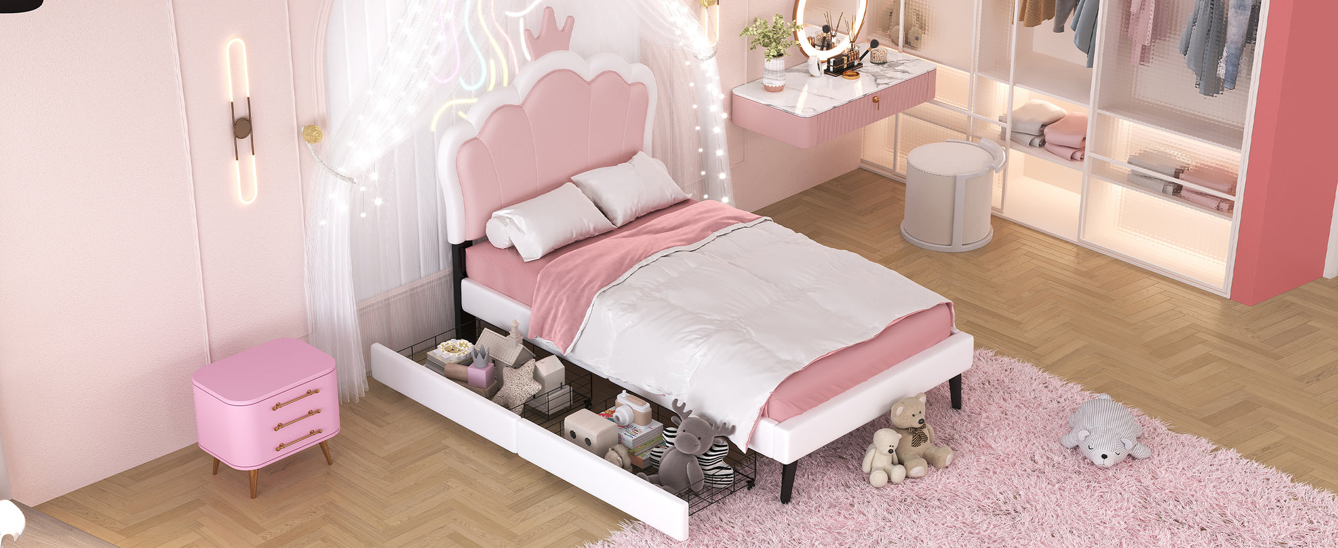 Twin Size Upholstered Princess Bed With Crown Headboard And 2 Drawers,Twin Size Platform Bed With Headboard And Footboard, Pink White Twin White Pu