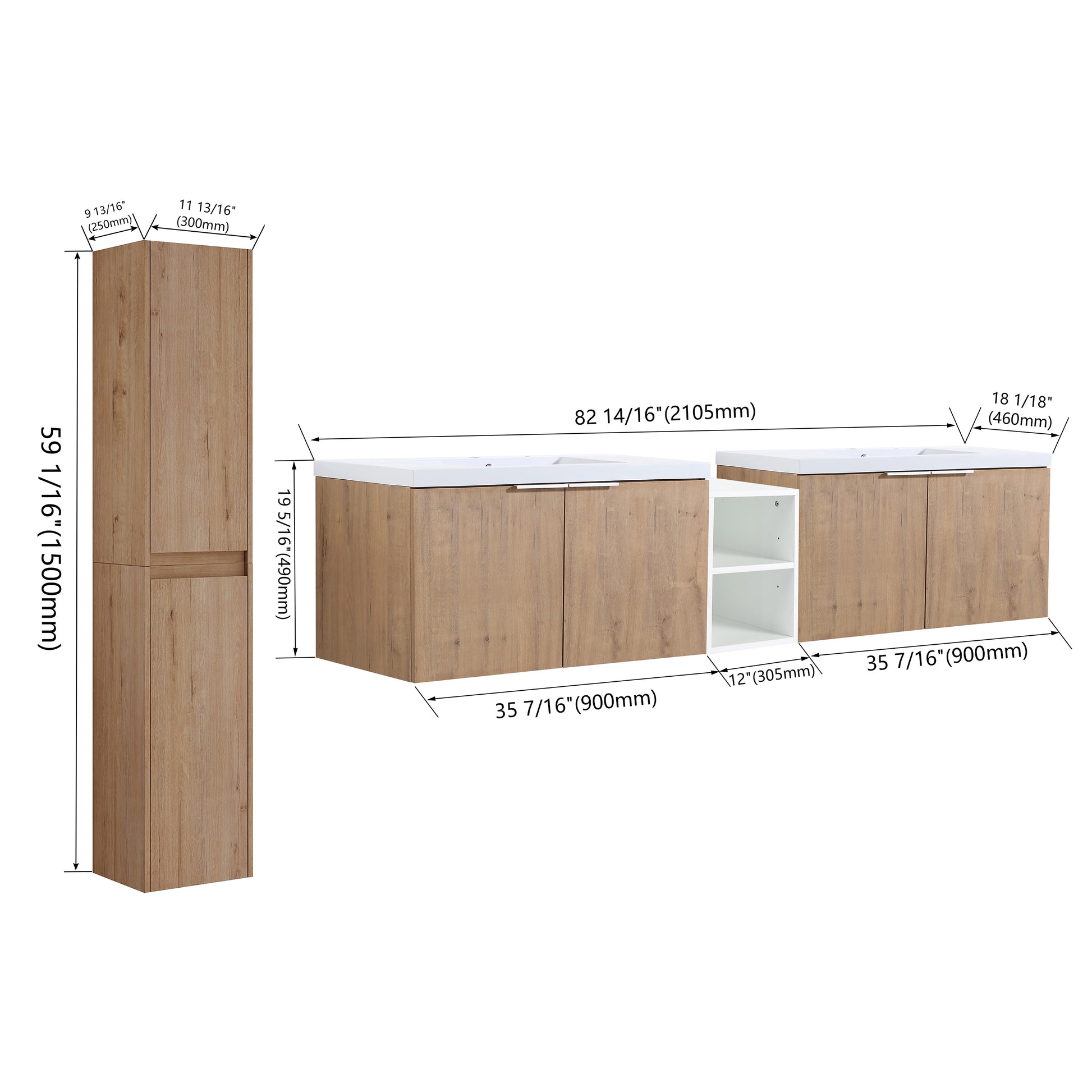 84" Wall Mounted Bathroom Vanity With Sink And Side Cabinet, Soft Close Doors,00112Imo 00636Imox2 0612Gwh Combination Cabinet Kd Packing Imitative Oak Bathroom Modern Plywood Plywood