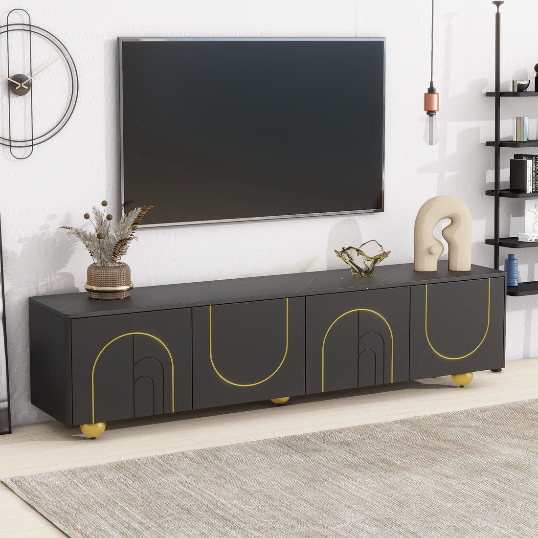 Modern Tv Stand For Tvs Up To 75 Inches, Entertainment Center With Storage Cabinets And 1 Adjustable Shelf, Media Console With Marble Patterned Top And Golden Round Metal Legs For Living Room Black 70 79 Inches Mdf