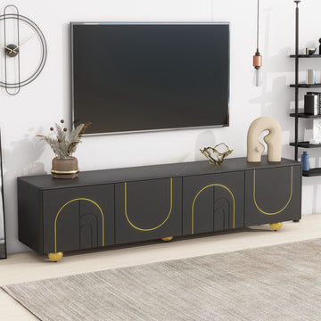 Modern Tv Stand For Tvs Up To 75 Inches, Entertainment Center With Storage Cabinets And 1 Adjustable Shelf, Media Console With Marble Patterned Top And Golden Round Metal Legs For Living Room Black 70 79 Inches Mdf