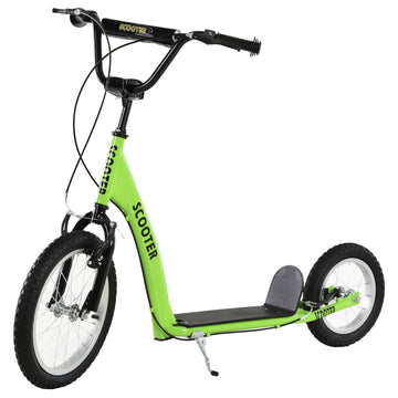 Aosom Youth Scooter Kick Scooter For Kids 5 With Adjustable Handlebar 16" Front And 12" Rear Dual Brakes Inflatable Wheels, Green Green Steel