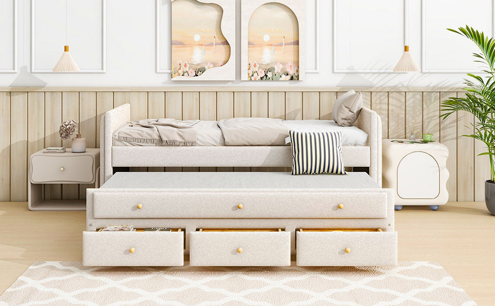 Twin Size Upholstered Daybed With Twin Size Trundle And Drawers, Velvet, Beige Box Spring Not Required Twin Beige Velvet