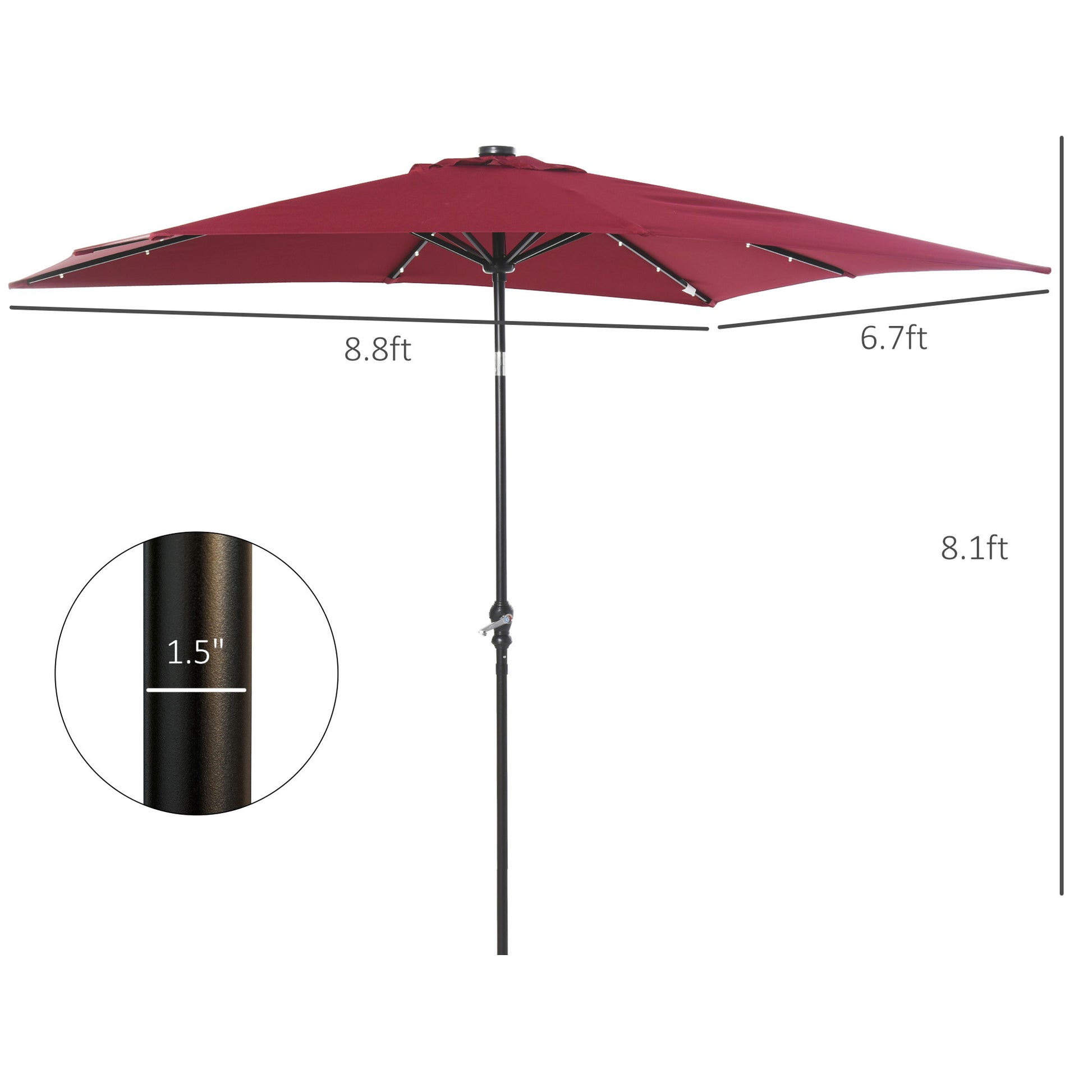 Outsunny 9' X 7' Solar Umbrella, Led Lighted Patio Umbrella For Table Or Base With Tilt & Crank, Outdoor Umbrella For Garden, Deck, Backyard, Pool, Beach, Wine Red Red Steel