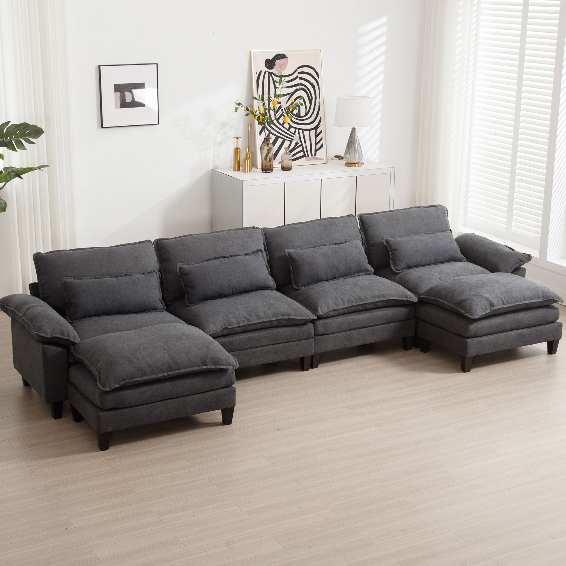 154.8" Oversized Modular Sofaice Velvet Large U Shaped Couch Comfy Upholstered 4 Seat Sofa With 2 Ottoman, 4 Lumbar Pillow, Deep Seat Couch For Living Room Dark Gray Primary Living Space Modern Foam Polyester 6 Seat