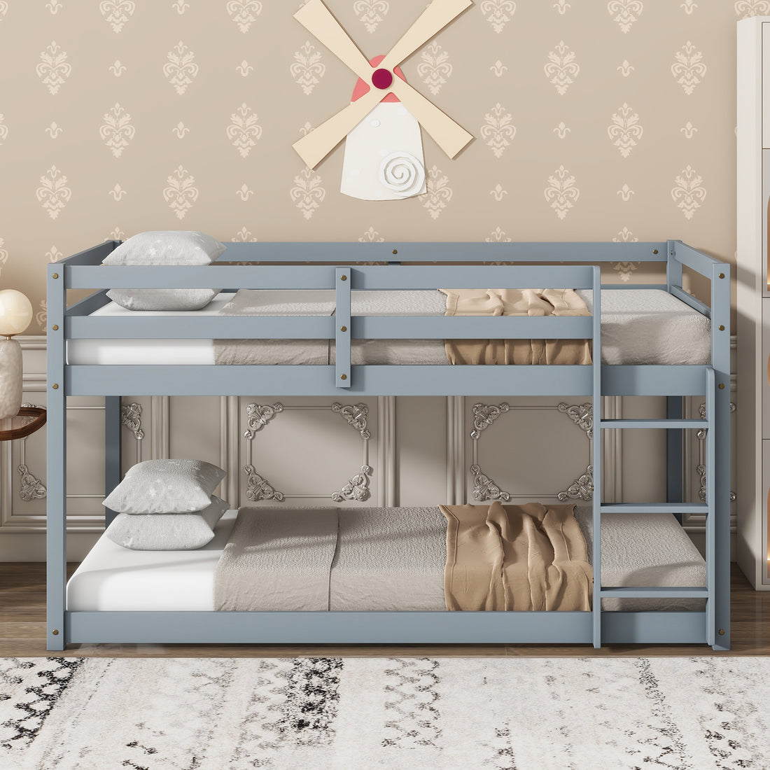 Solid Wooden, Solid Rubber Wooden Twin Over Twin Loft Bed With Ladder, With Bed Platform Of Strengthened Slatsgrey Twin Grey Rubber Wood