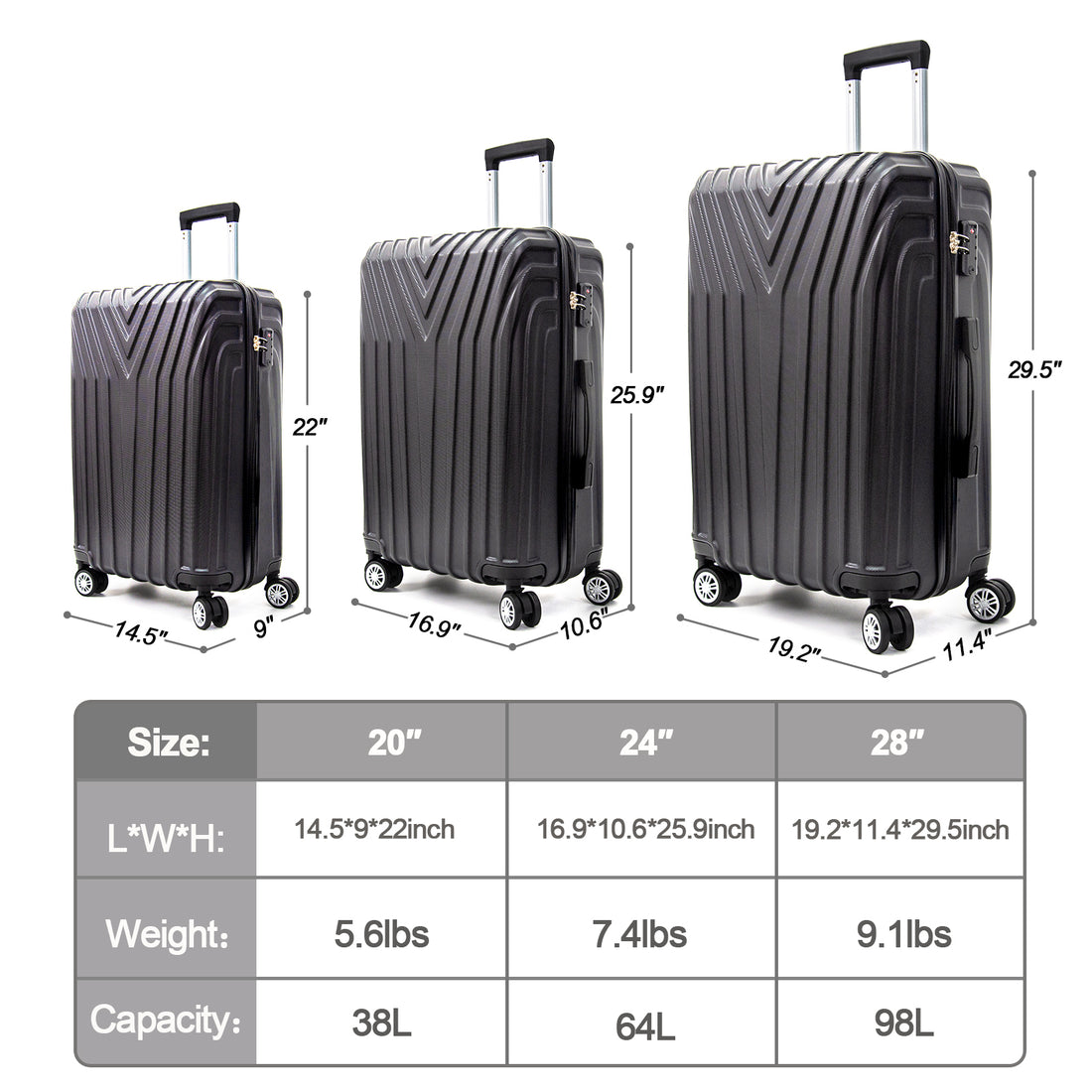 Abs Hard Shell 3 Piece Luggage Set 20 24 28 With 360 Rotating Wheel And Tsa Lock Men And Women Ideal For Business Trips And Family Getaways Black Abs