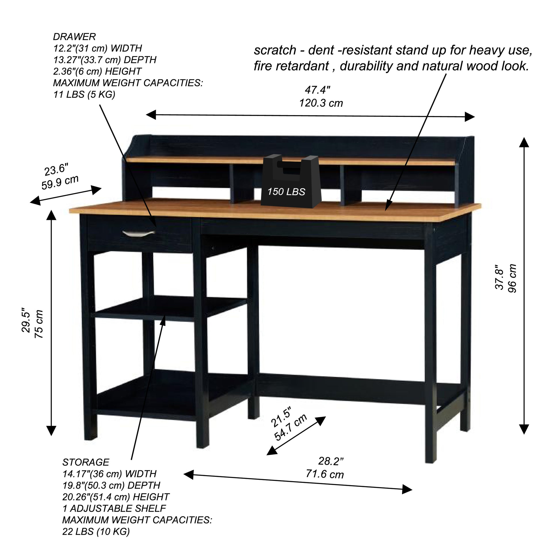 47" Writing Desk With Hutch "Home Office Writing Desk In Honey Maple & Antique Black Spacious Dual Tone Workstation With Drawer And Open Shelves" Antique Black Solid Wood