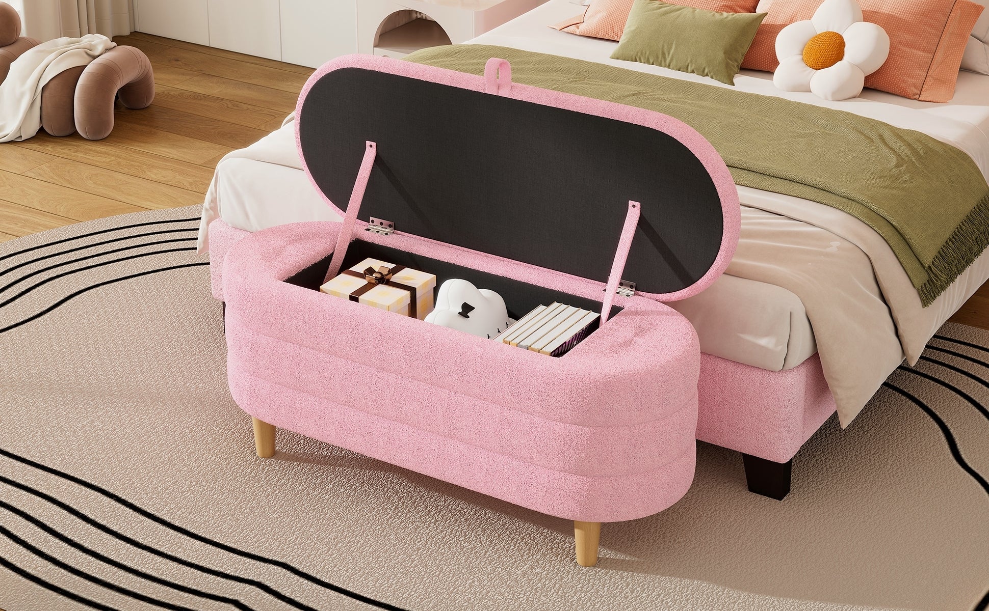 Elegant Upholstered Sherpa Fabric Storage Ottoman With Wood Legs, Storage Bench For Bedroom, Living Room, Pink Pink Wood