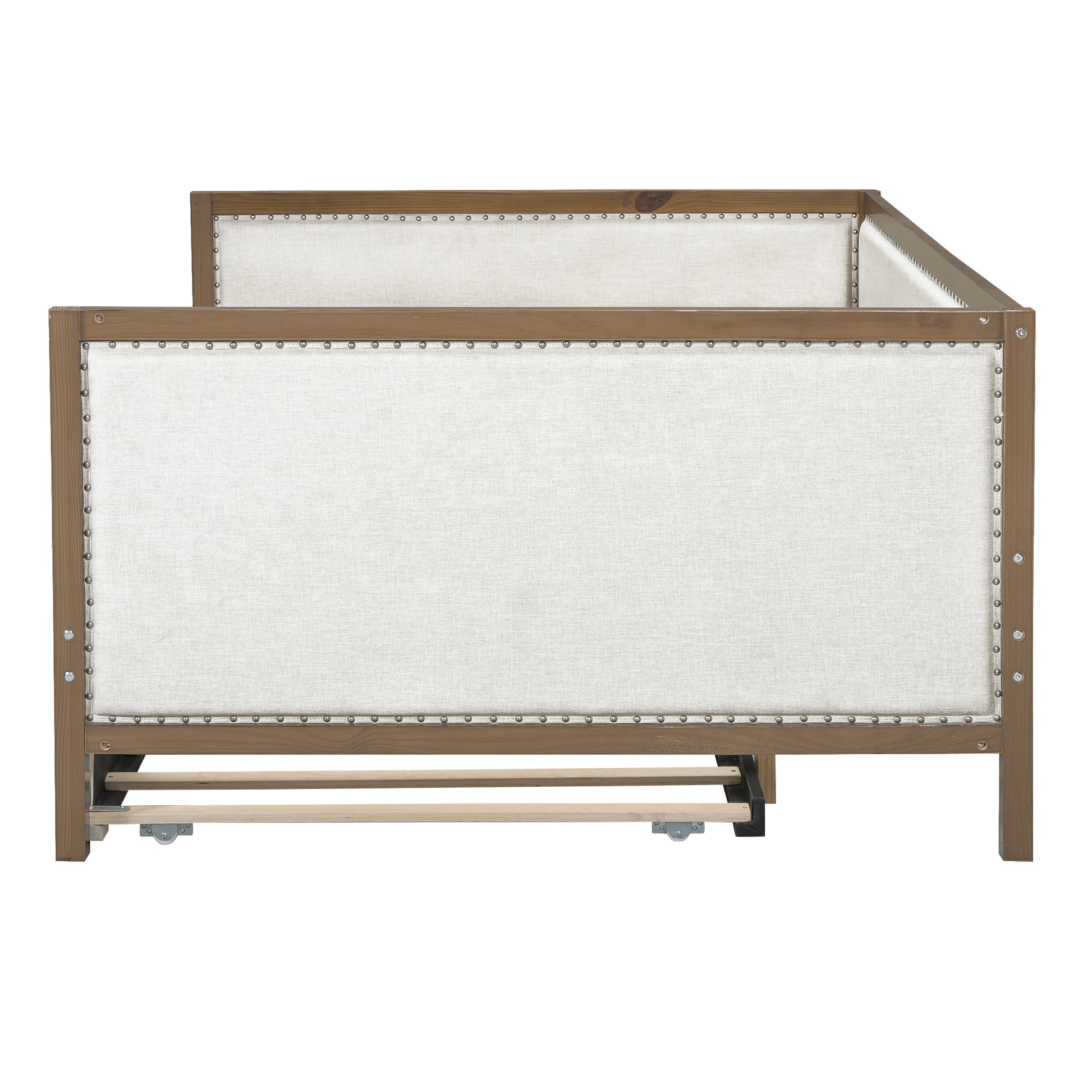 Full Size Upholstered Daybed With Trundle And Decoration, Wood Color Box Spring Not Required Full Wood Wood Daybeds Linen Upholstered