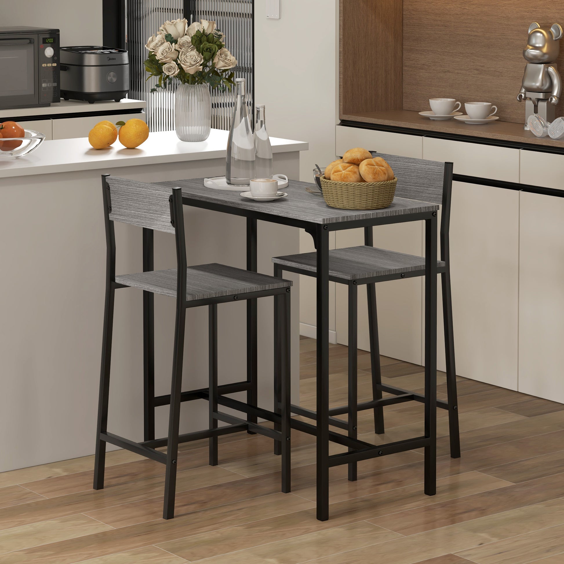 Homcom 3 Piece Bar Table And Chairs, Industrial Dining Table Set For 2, Counter Height Kitchen Table With Bar Stools, Breakfast Table Set For 2 For Small Space, Gray Grey Mdf