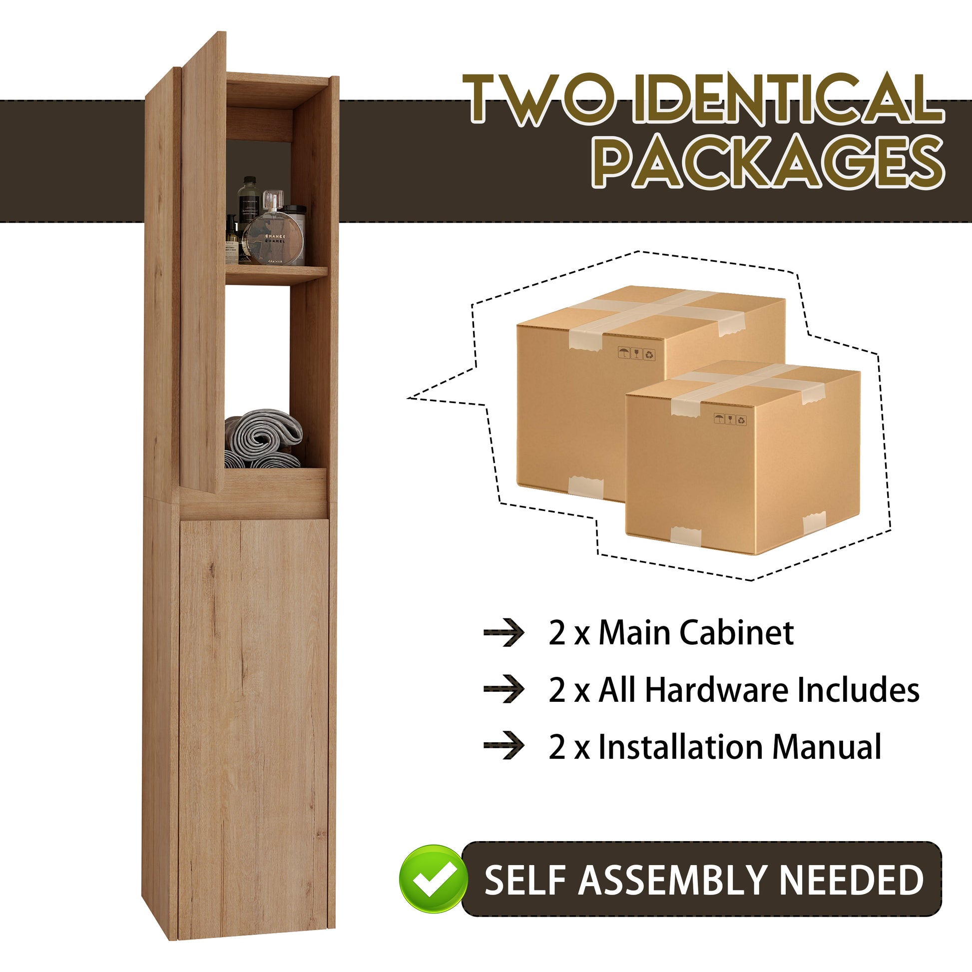 12" Bathroom Side Cabinet, 2 Soft Close Doors, Float Mounting Design, 12*2 Kd Packing Imitative Oak 2 Bathroom Wall Mounted Modern Plywood Plywood