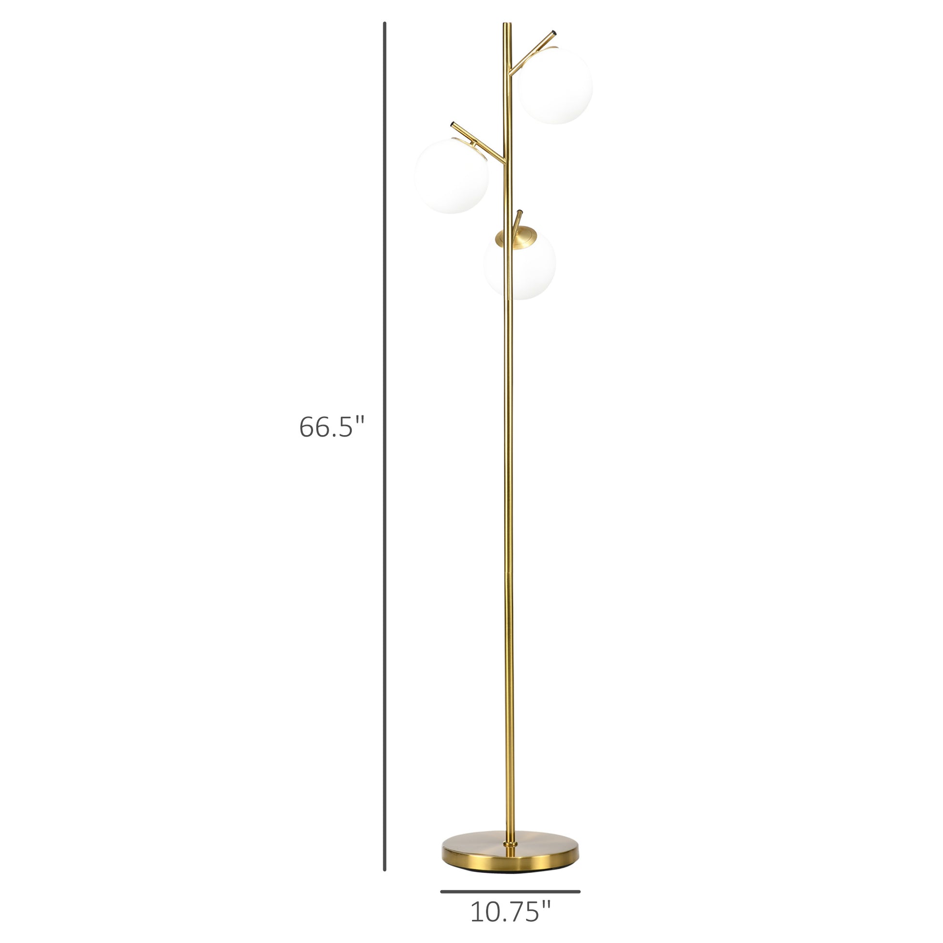 Homcom 3 Light Modern Floor Lamps For Living Room, Tree Standing Lamp For Bedroom With Globe Lampshade, Steel Base, Bulb Not Included , Gold Gold Steel