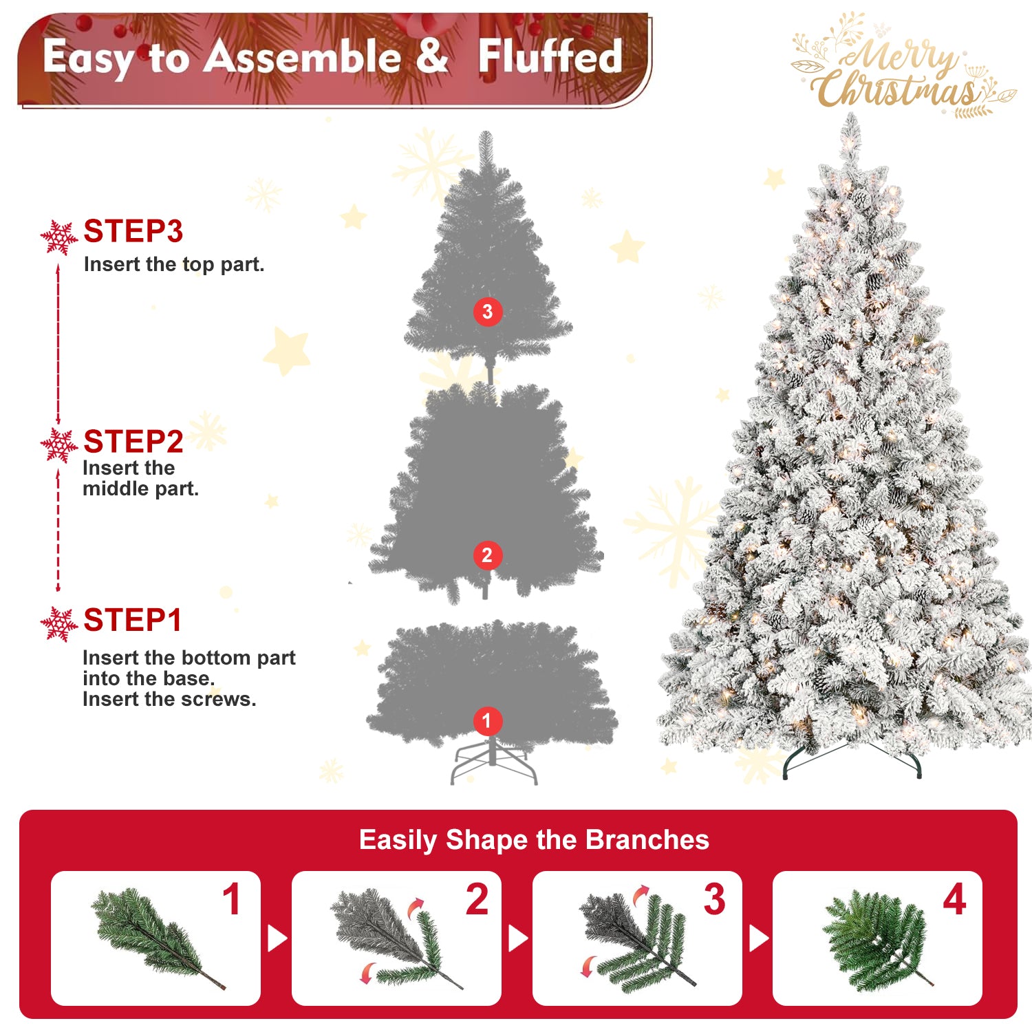 7Ft Snow Flocked Artificial Christmas Tree With Pine Cones, Prelit Xmas Trees, Hinged Easy Assembly & Reinforced Metal Base Ideal For Indoor & Outdoor Festive Decorations White Polyvinyl Chloride