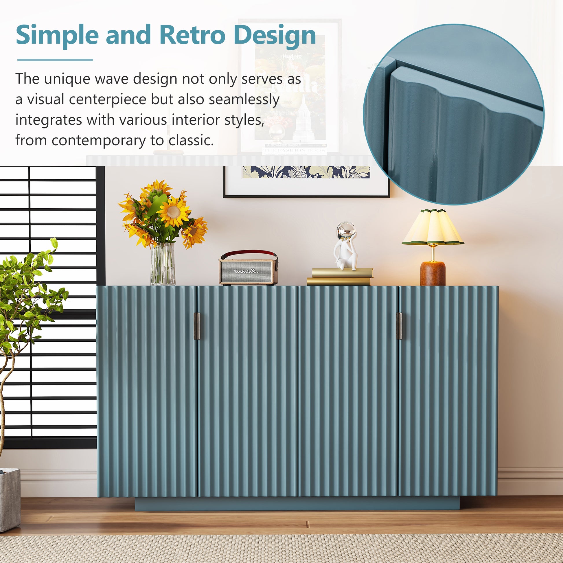 4 Wavy Doors Large Storage Space Sideboard With Adjustable Shelves And Retro Copper Handles For Dining Room And Living Room Antique Blue Antique Blue Mdf