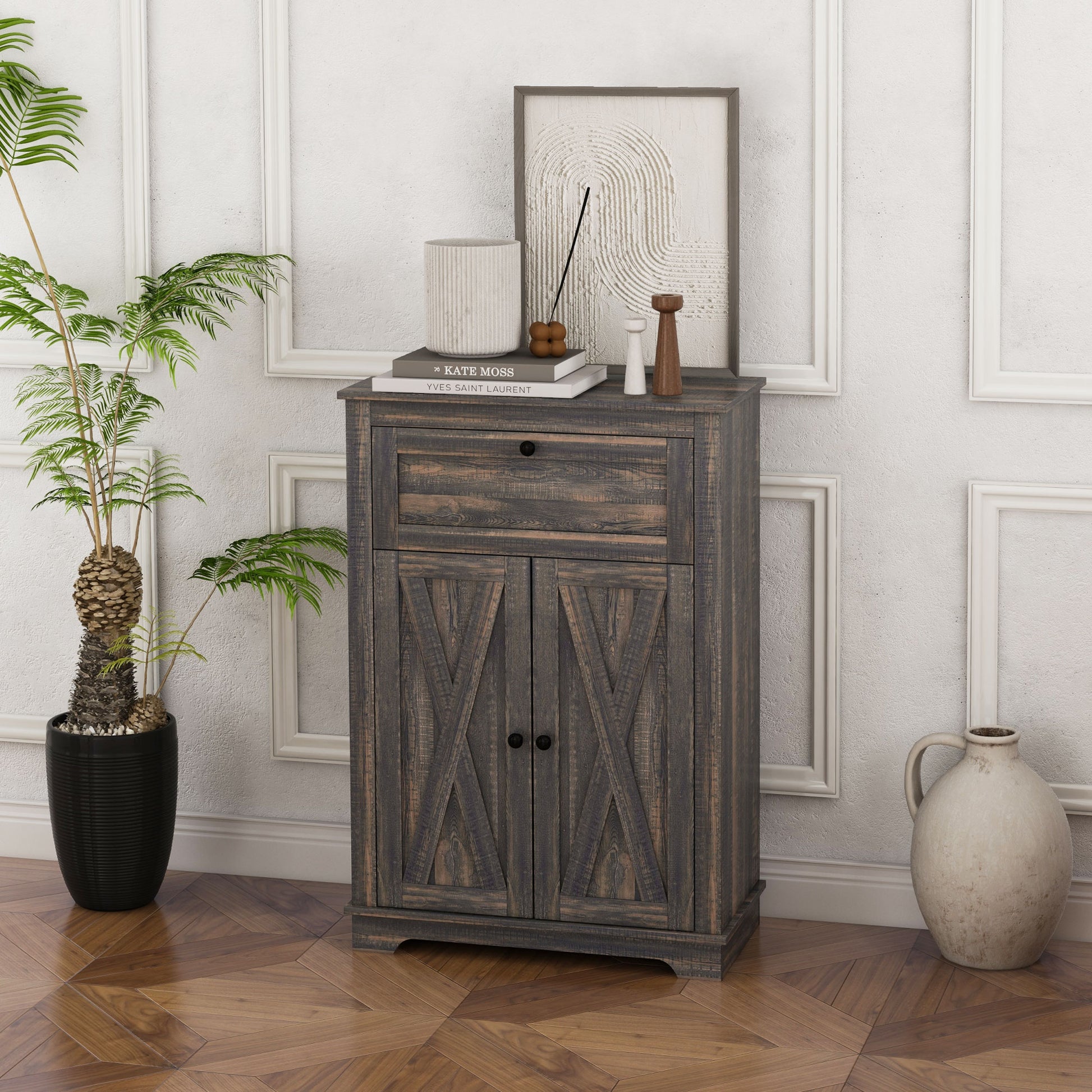 Homcom Farmhouse Barn Door Accent Cabinet, Kitchen Sideboard Storage Cabinet With Double Doors, Drawer, And Adjustable Shelf For Bedroom, Living Room, Dark Brown Brown Particle Board