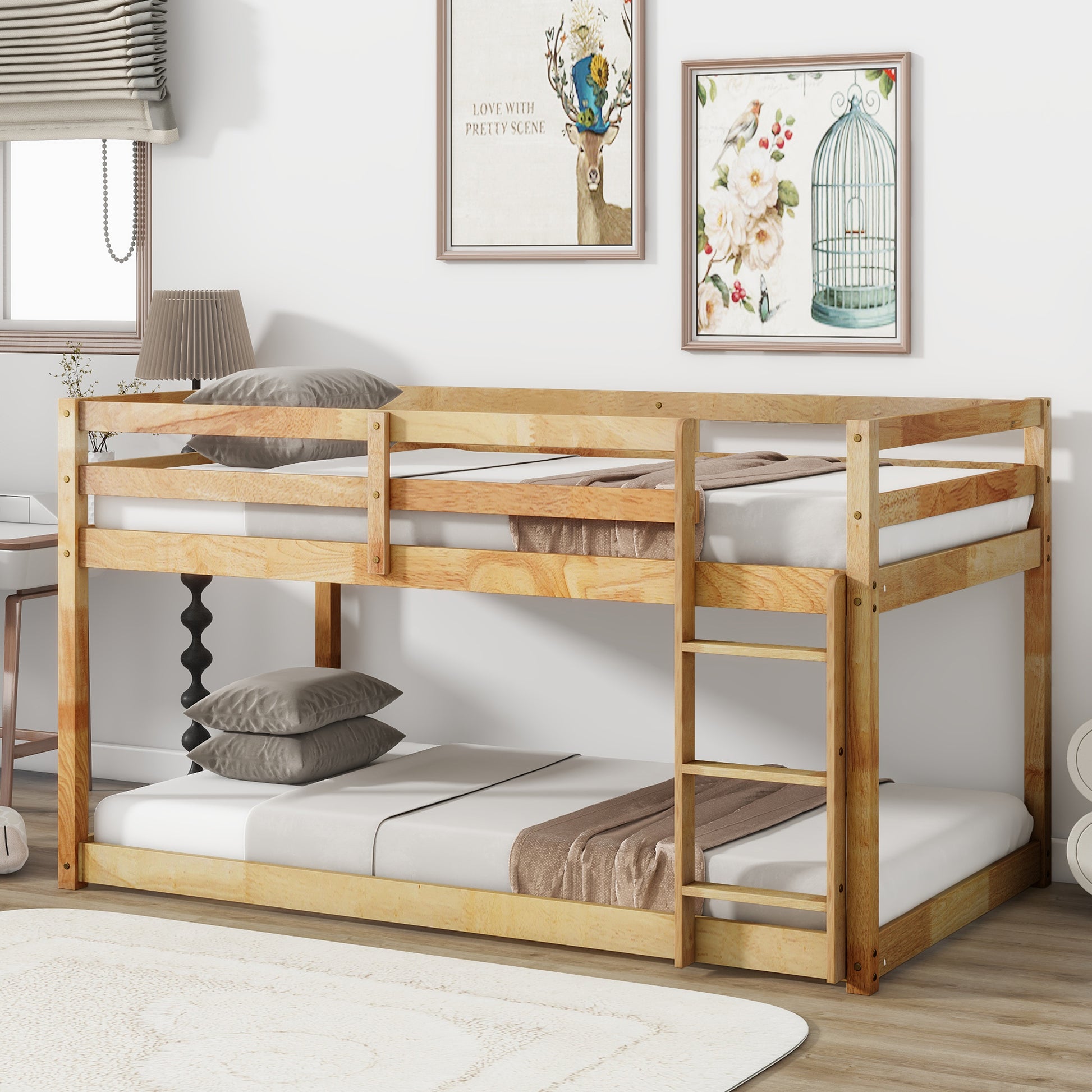 Solid Wooden, Solid Rubber Wooden Twin Over Twin Loft Bed With Ladder, With Bed Platform Of Strengthened Slatsnatural Twin Natural Rubber Wood