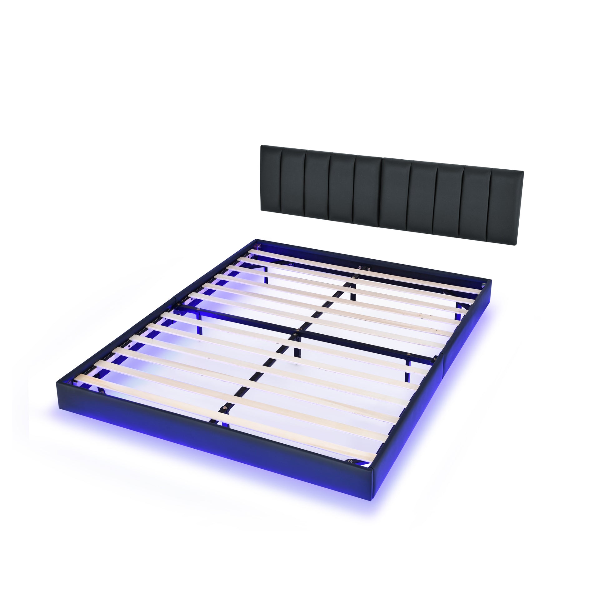 Queen Floating Bed Frame With Led Lights And Wall Mounted Headboard Modern Low Profile Led Platform Bed Frame Queen Size Faux Leather Upholstered Platform Bed Frame,No Box Spring Needed,Black Queen Black Pu