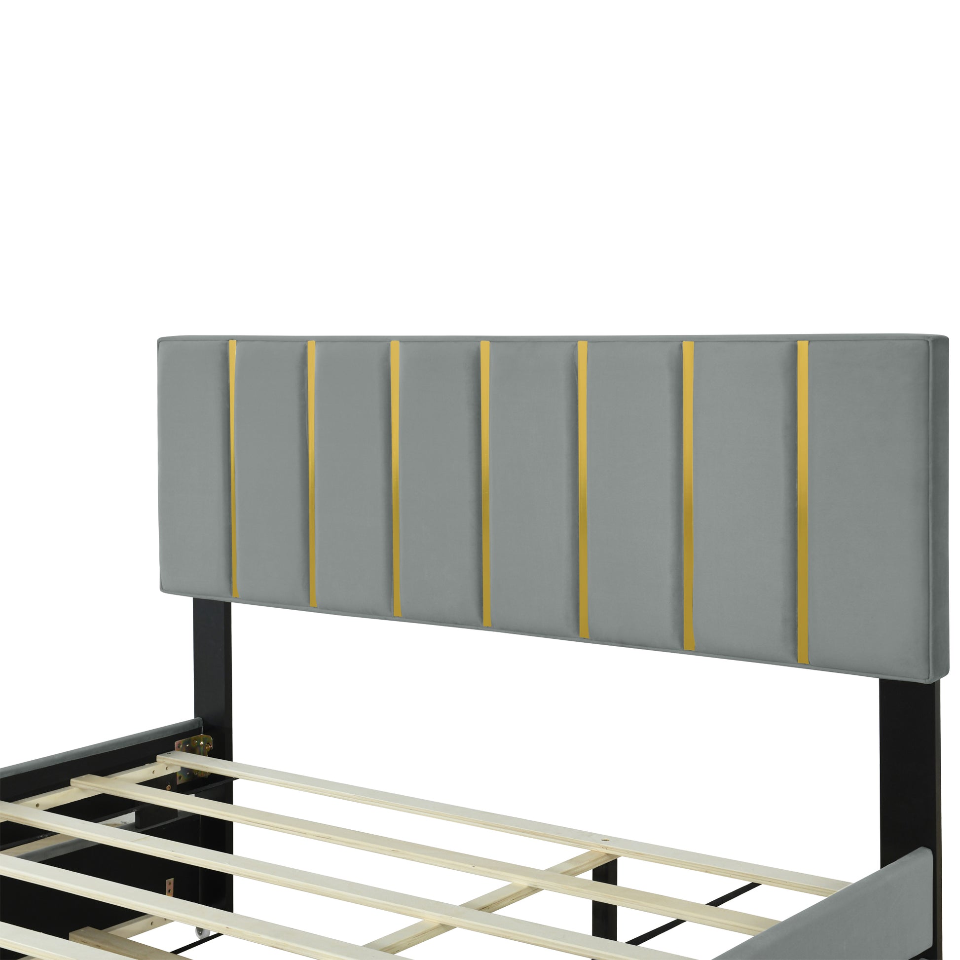 Queen Size Upholstered Platform Bed With 2 Drawers And 1 Trundle, Classic Metal Strip Headboard Design, Grey Queen Gray Mdf Lvl