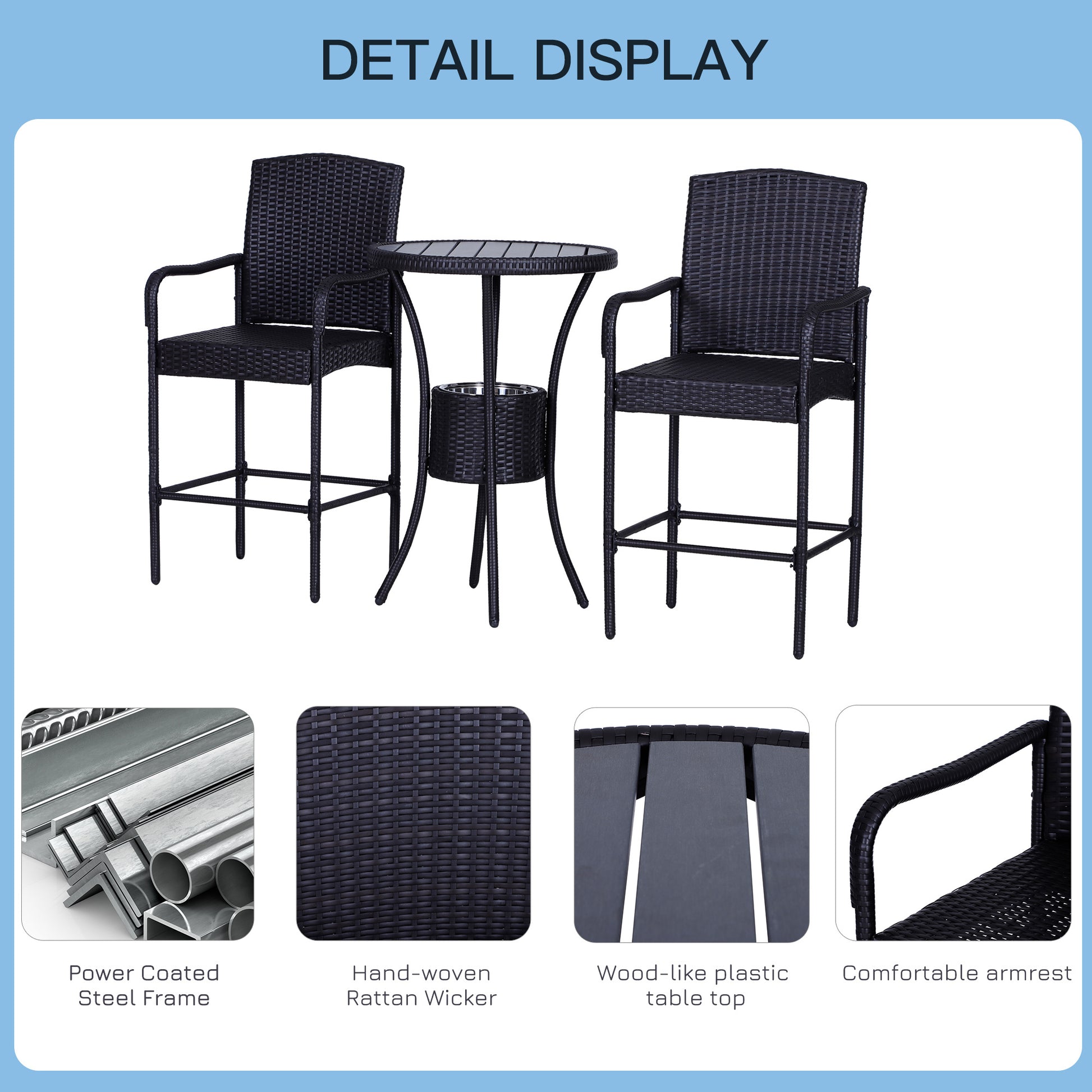 Outsunny Rattan Wicker Bar Set For 3 Pcs With Ice Buckets, Patio Furniture With 1 Bar Table And 2 Bar Stools For Poolside, Backyard, Porches Dark Brown Steel