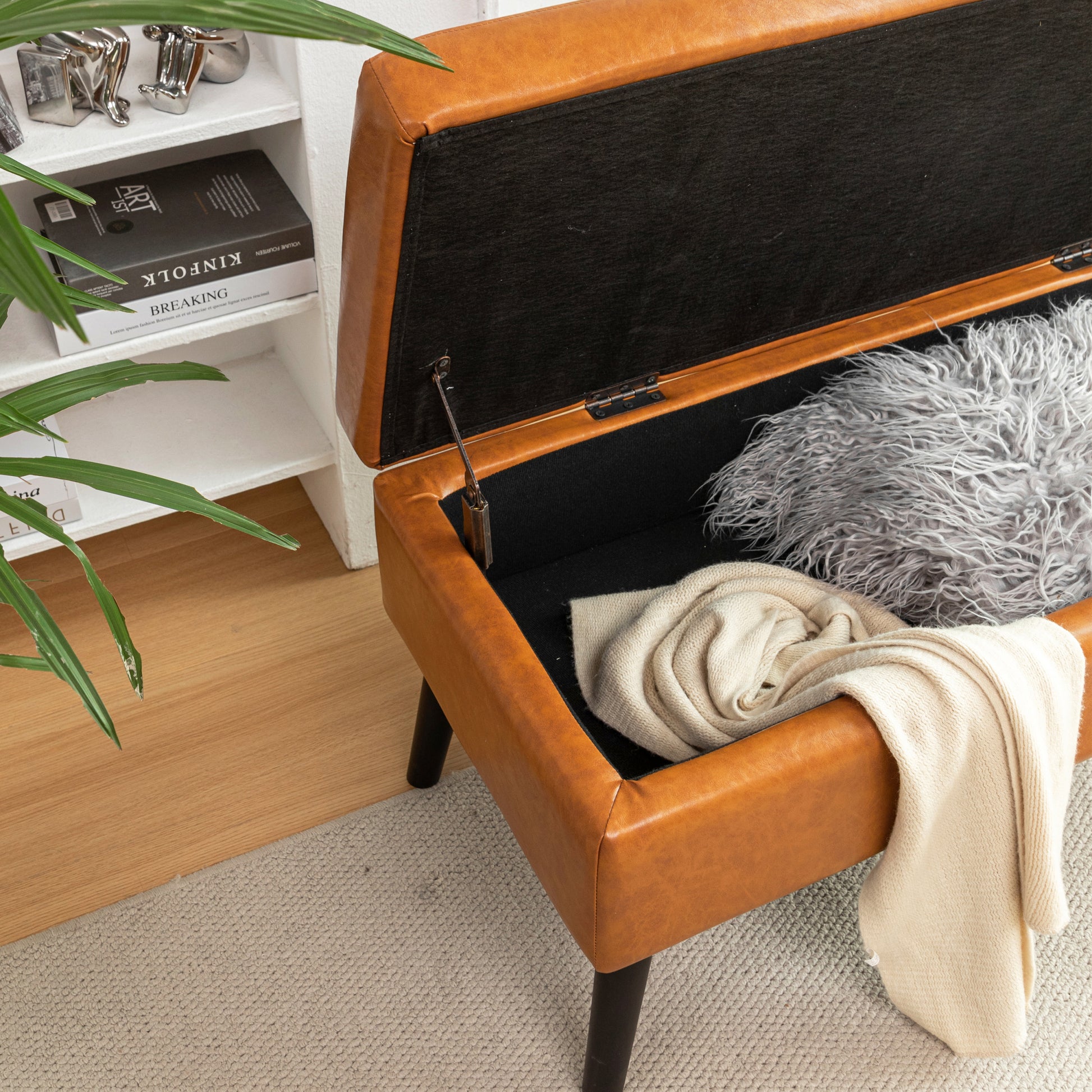 Storage Bench With Storage Bench For Bedroom End Of Bed Bench Foot Of Bed Bench Entryway Bench Storage Ottoman Bench 43.3" W X 17.7" Brown Leather Bench Brown Pu Leather