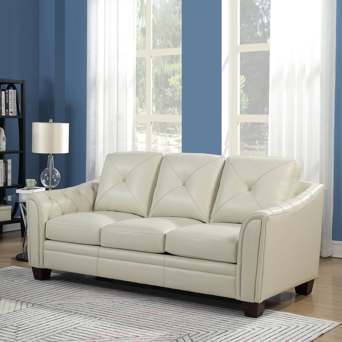 Modern Tufted Leather Sofa Ivory Leather 3 Seat