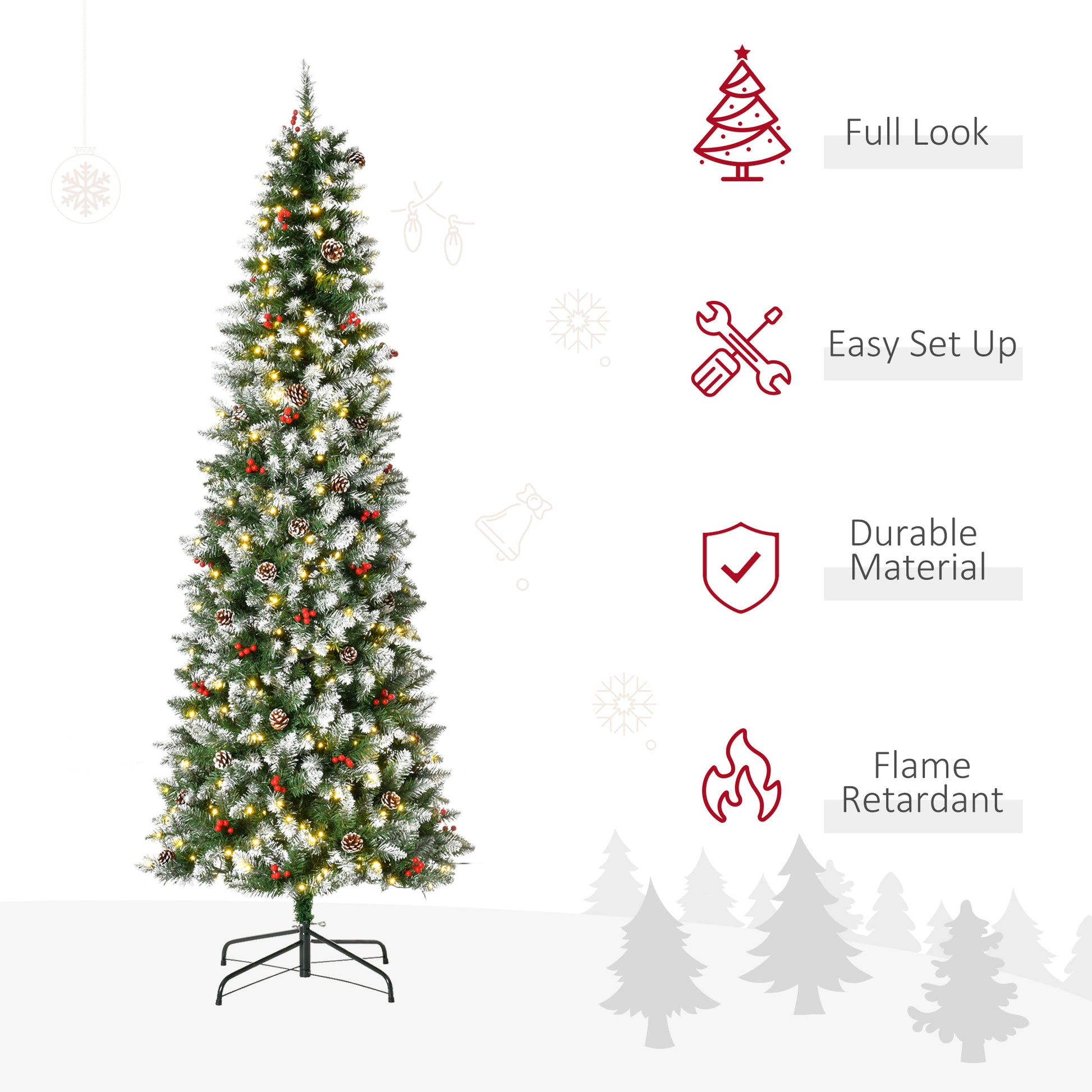 Homcom 7.5Ft Pre Lit Snow Dipped Artificial Christmas Tree With Realistic Branches, 350 Led Lights, Pine Cones, Red Berries And 1075 Tips Green Pvc