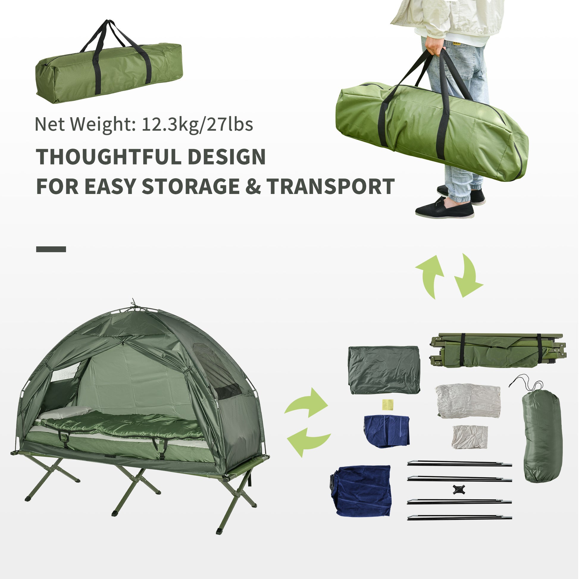 Outsunny Multifunctional Folding Camping Cots For Adults, Elevated Tent With Sleeping Bag, Thick Air Mattress Pad, Portable Single Sleeping Cot Camping Bed Green Nylon