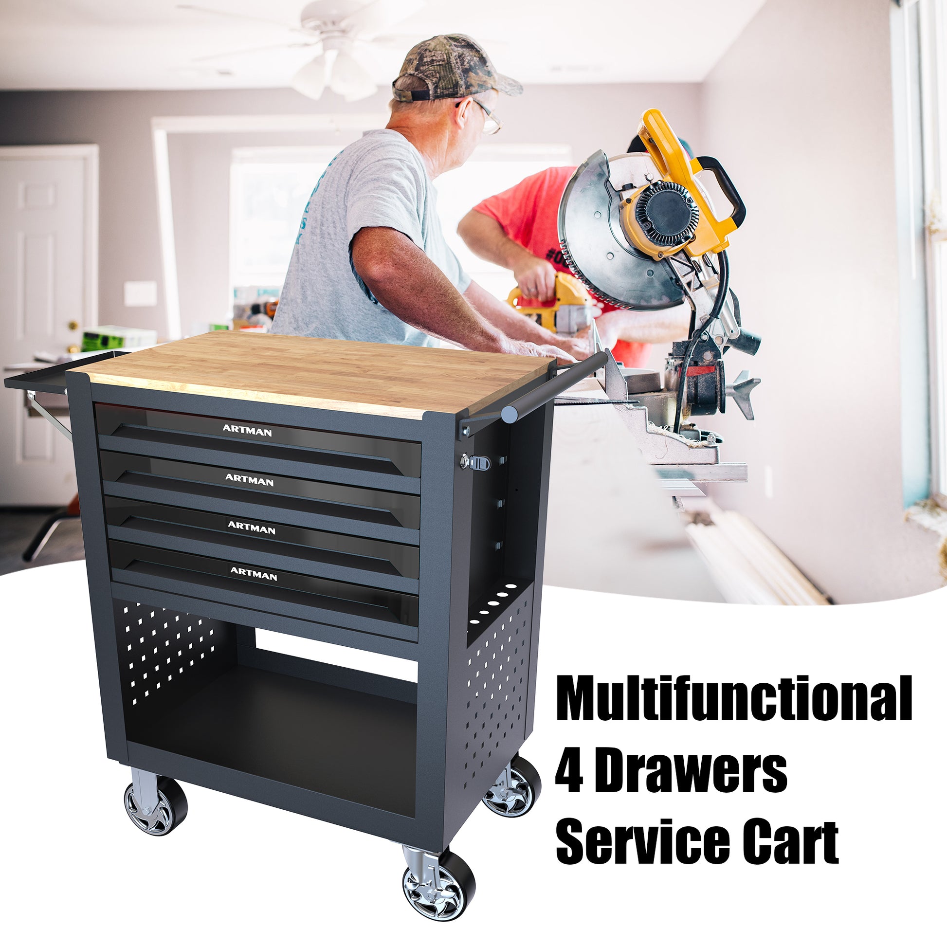 4 Drawers Multifunctional Tool Cart With Wheels And Wooden Top Black Black Metal