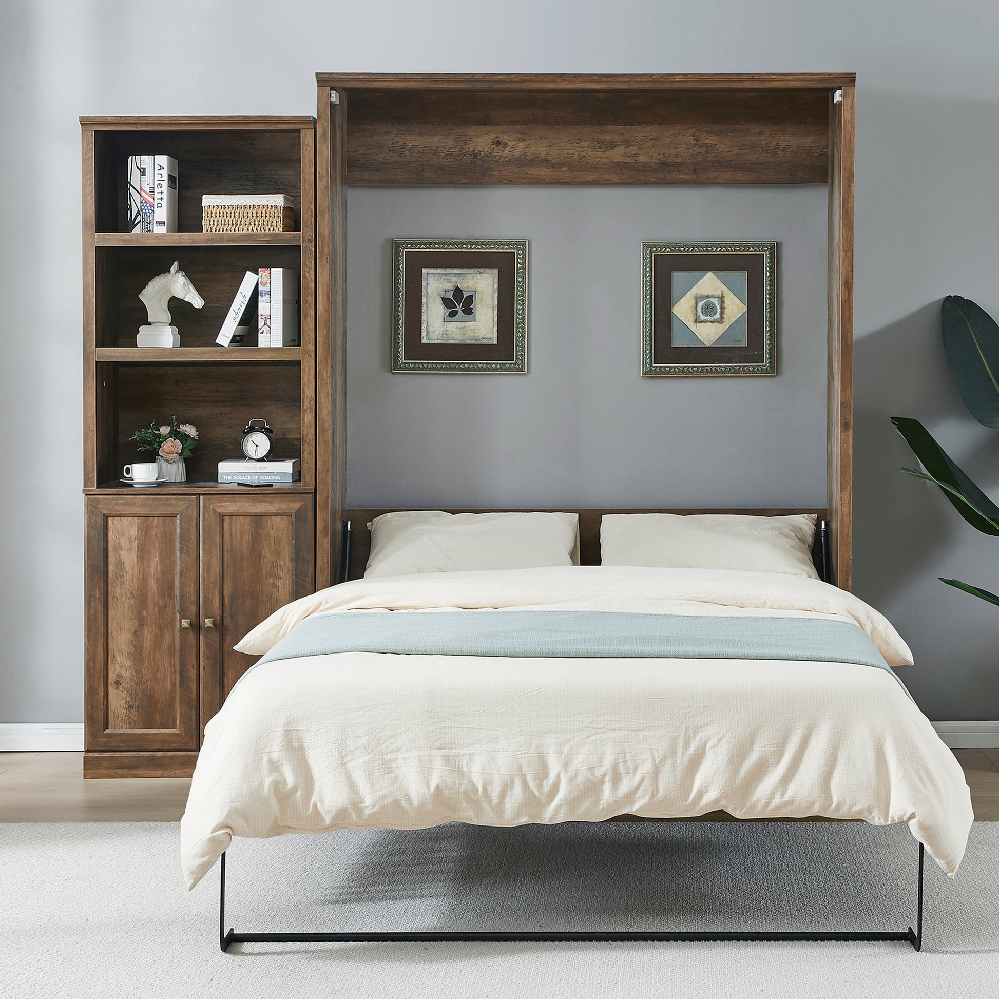 Queen Size Half Self Close And Open Murphy Bed With 1 Side Cabinet Storage Shelf, Cabinet Space Saving Bed Perfect For Guest Room, Bed Room, Guest Room, Home Office, Brown Box Spring Not Required Queen Brown Wood Brown Pine Murphy Solid Wood Mdf