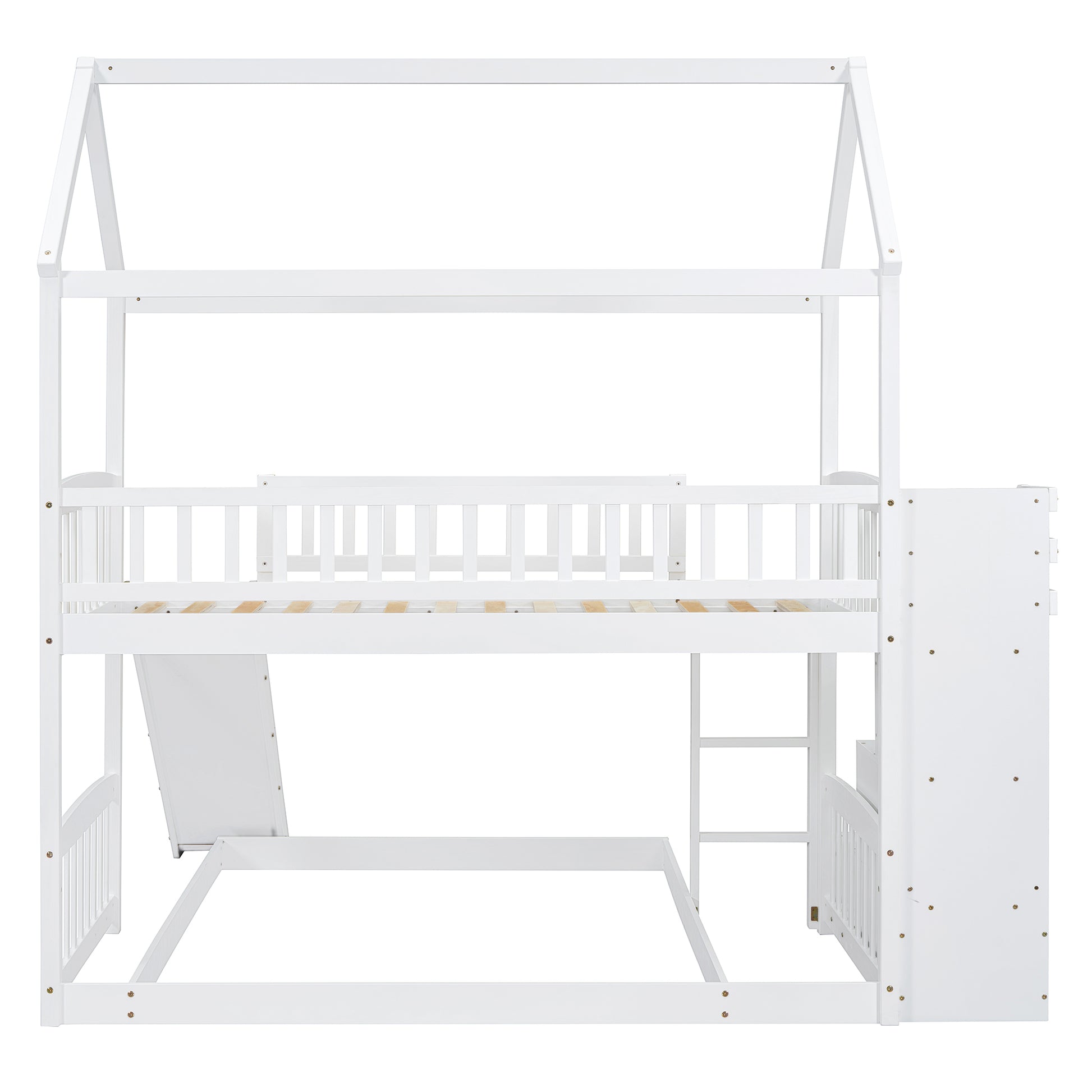 Twin Over Twin Bunk Bed With Two Drawers And Slide, House Bed With Slide, White Old Sku :Lt000129Aak White Pine