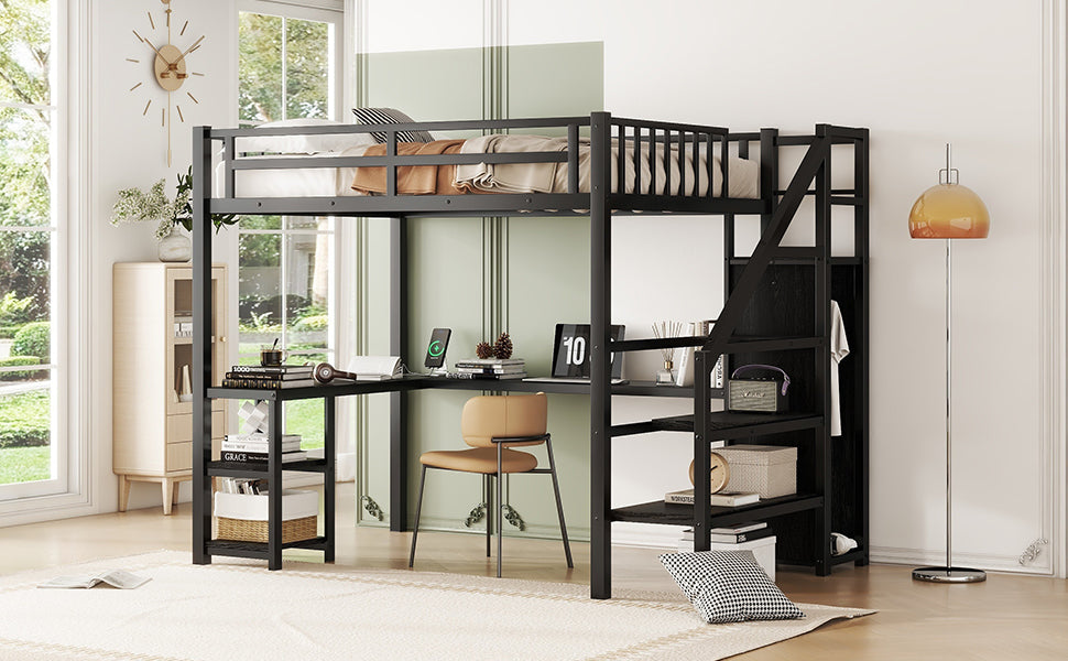 Metal Full Loft Bed With Wardrobe And Led Light, Full Size Loft Bed With L Shaped Desk And Usb For Kids Teens Adults, Black Full Black Metal