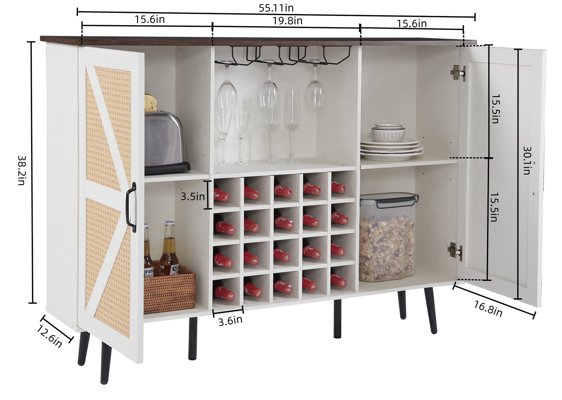 White Faux Rattan Barn Door Wine Cabinet With Wine Rack And Wine Glass Rack, Double Door Design With Removable Shelves, Rustic Wood Storage Cabinet White Walnut Particle Board Mdf