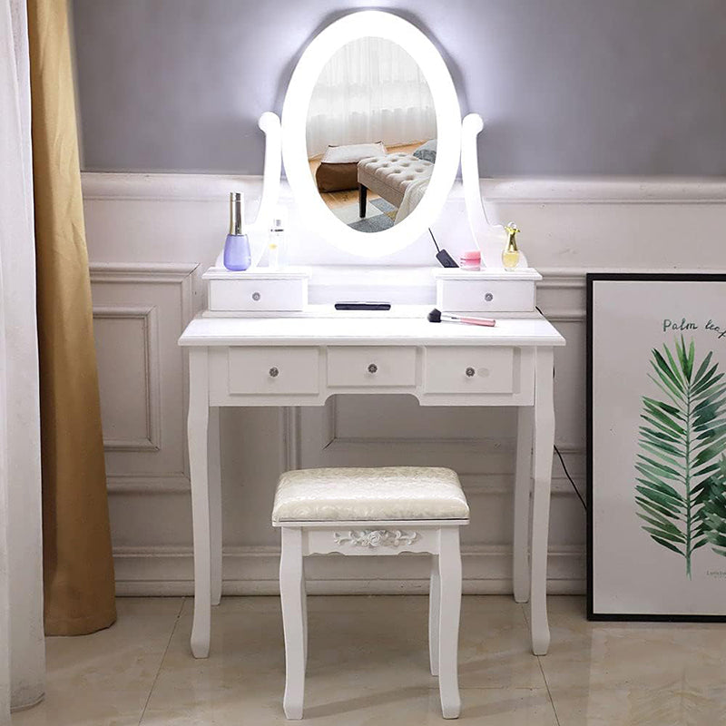 Vanity Desk And Stool Set, Vanity Mirror With Lights And Table Set, Small Vanity Table For Bedroom White Milk White Wood