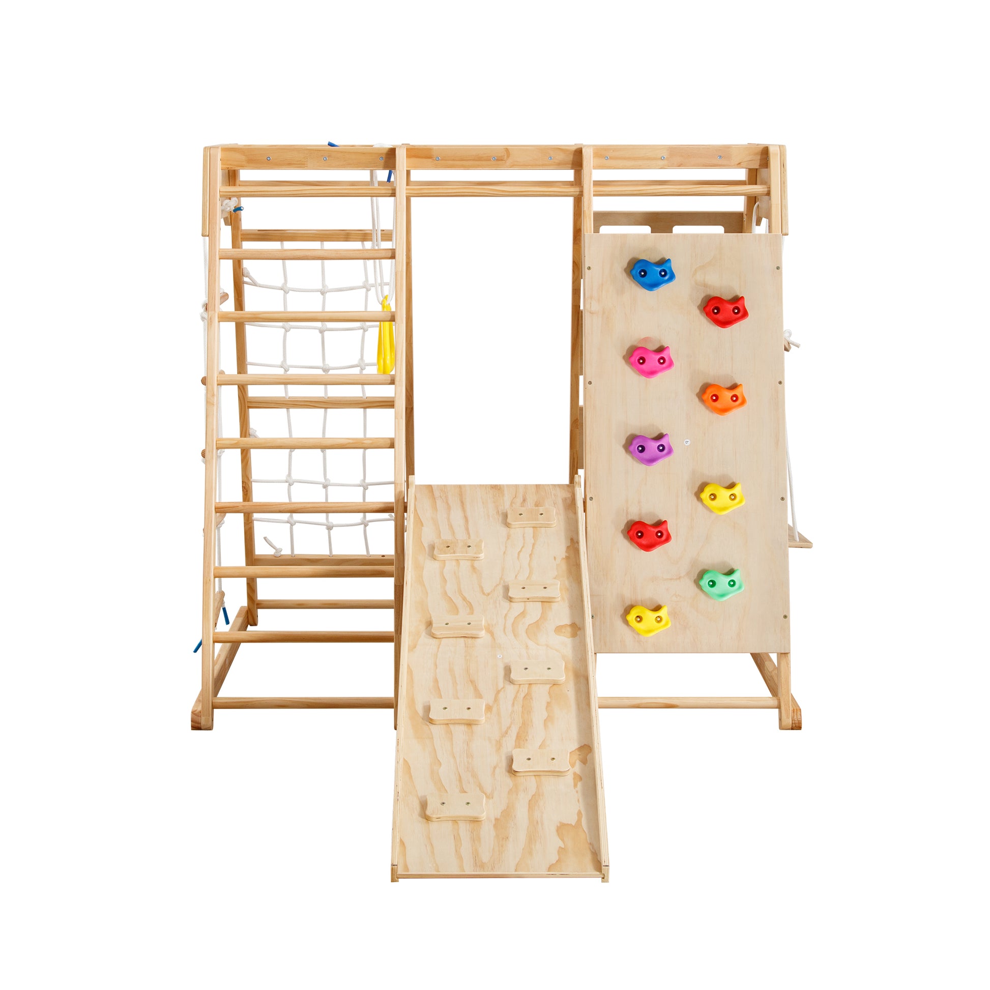 Toddler Indoor Wooden Gym 8 In 1 Indoor Playground Climbing Toy Set With Slide Swing Climbing Net Rings, Kids Indoor Playground Climbing Toys Natural Wood Wood Plastic