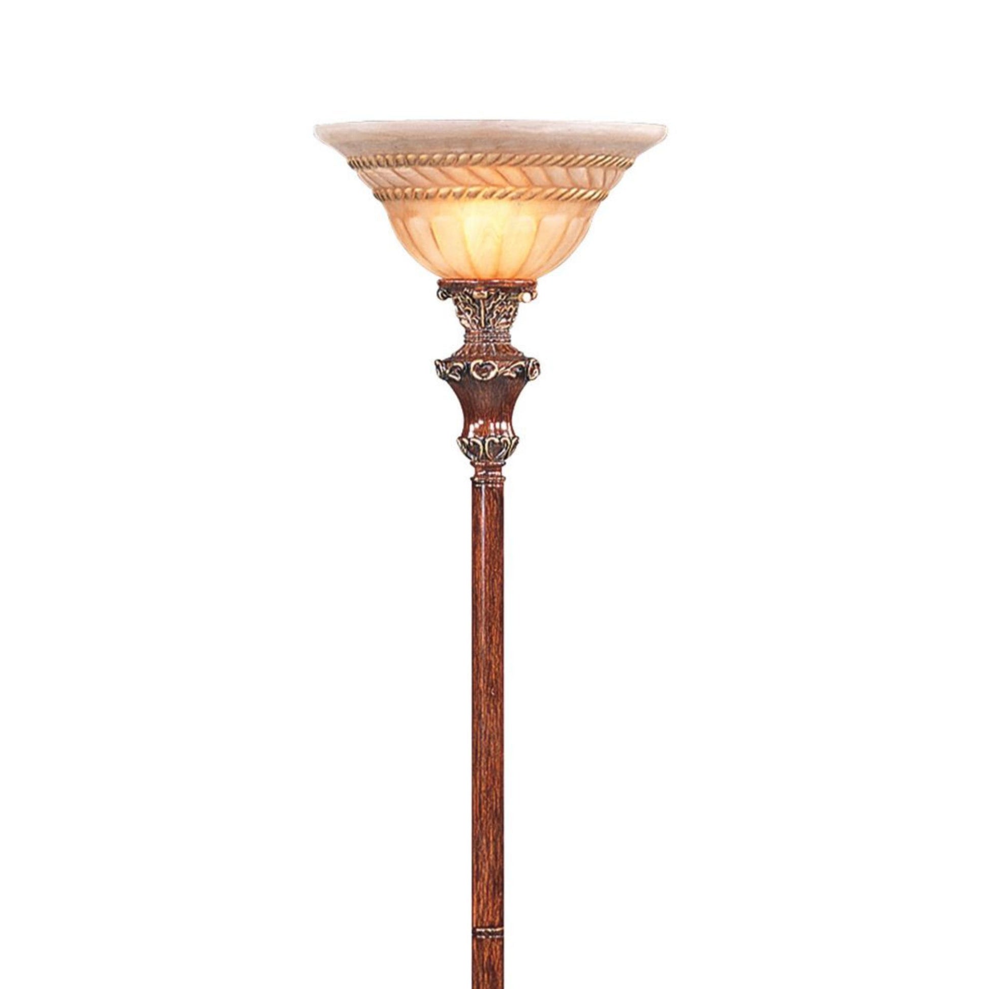 70" Tall Metal Torchiere Floor Lamp With Wooden Finish, Glass Shade Brown Metal