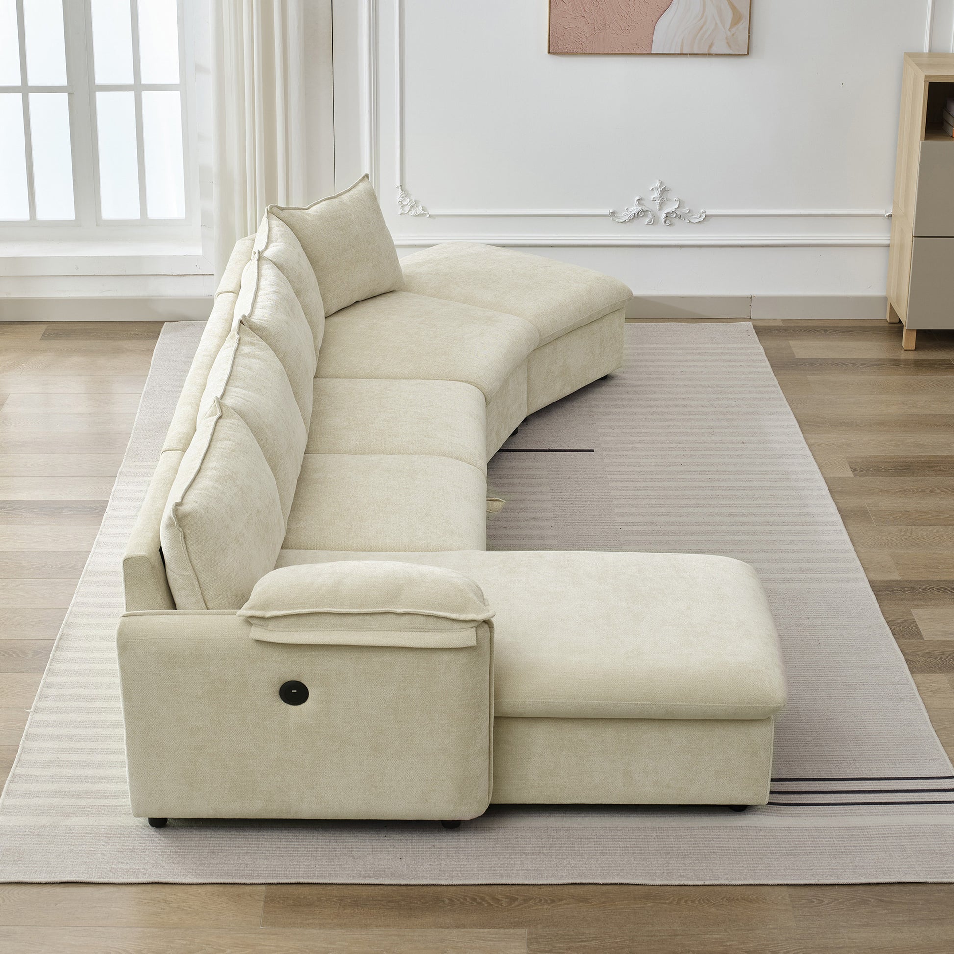 146.9" L Shaped Sofa Sectional Sofa Couch Pull Out Sofa Bed With A Movable Storage Ottoman, A Storage Chaise Lounge And Two Usb Ports For Living Room, Beige Beige Foam Linen 5 Seat