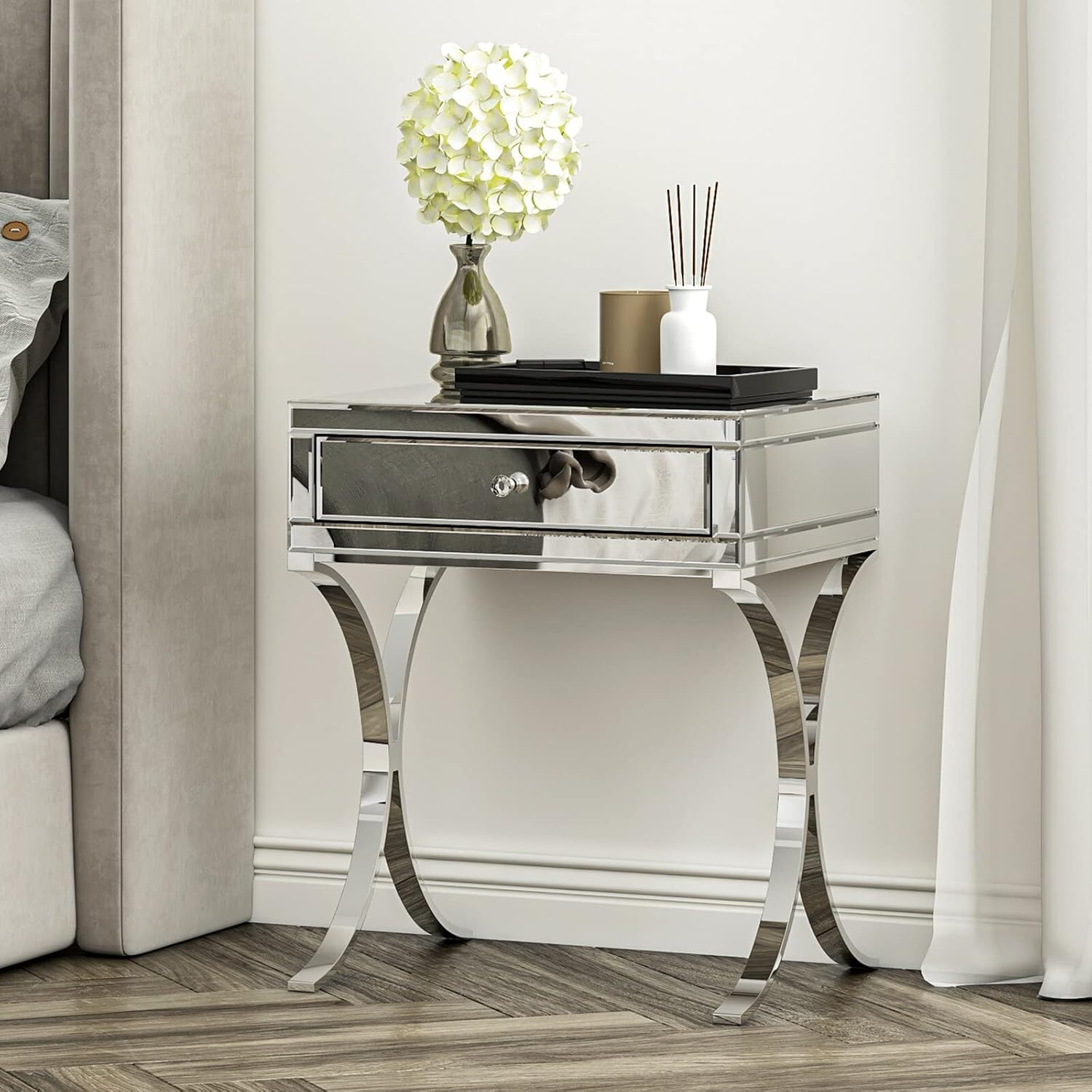 24" Tall Mirrored Nightstand 1 Drawer Metal Cross Legs Silver 1 Drawer Bedroom Bedside Cabinet Modern Mirrored Mirrored Mdf Metal,Mirror