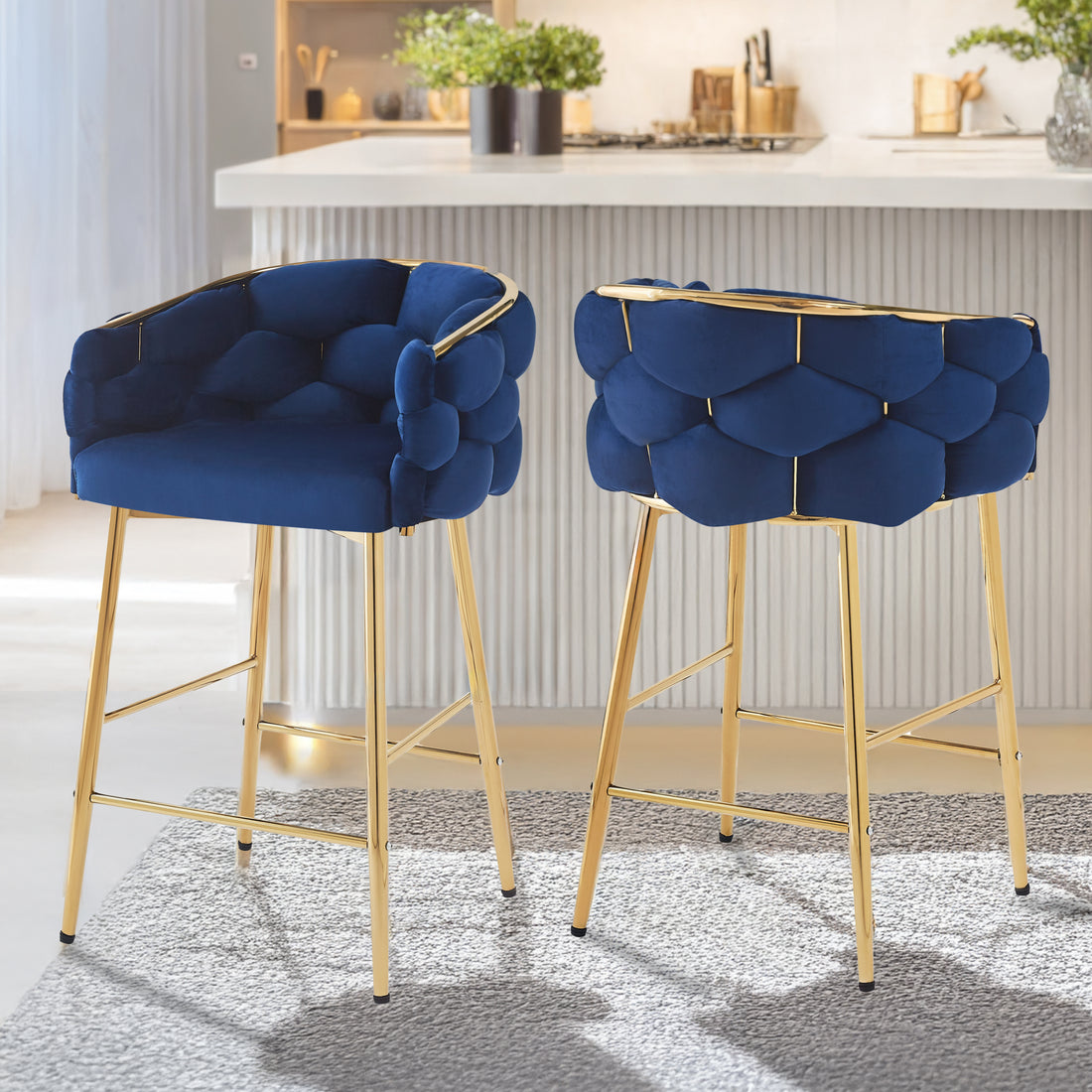 28'' Modern Counter Stools Set Of 2,Dark Blue Counter Stools With Iron Frame,Soft Back And Cushion,Footrest,Suitable For Kitchen Bedroom Dining Room. Iron Dark Blue Kitchen Sponge Modern Set Of 2