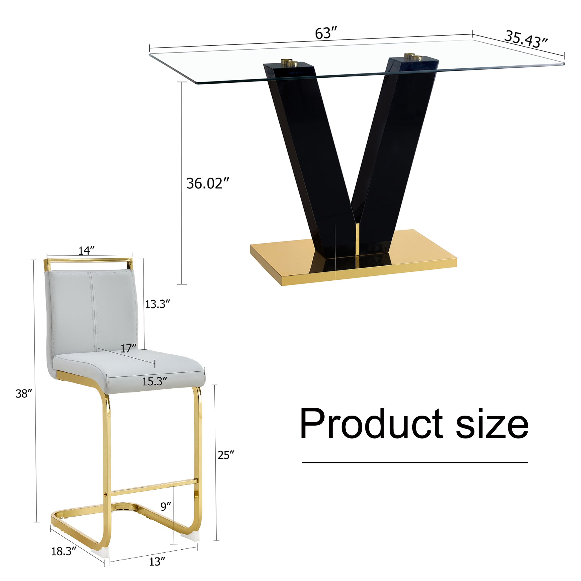 Table And Chair Set,Clear Tempered Glass And Black Legs Of The Table, Pu And Gold Legs Of The Chair Black Grey Seats 6 Tempered Glass