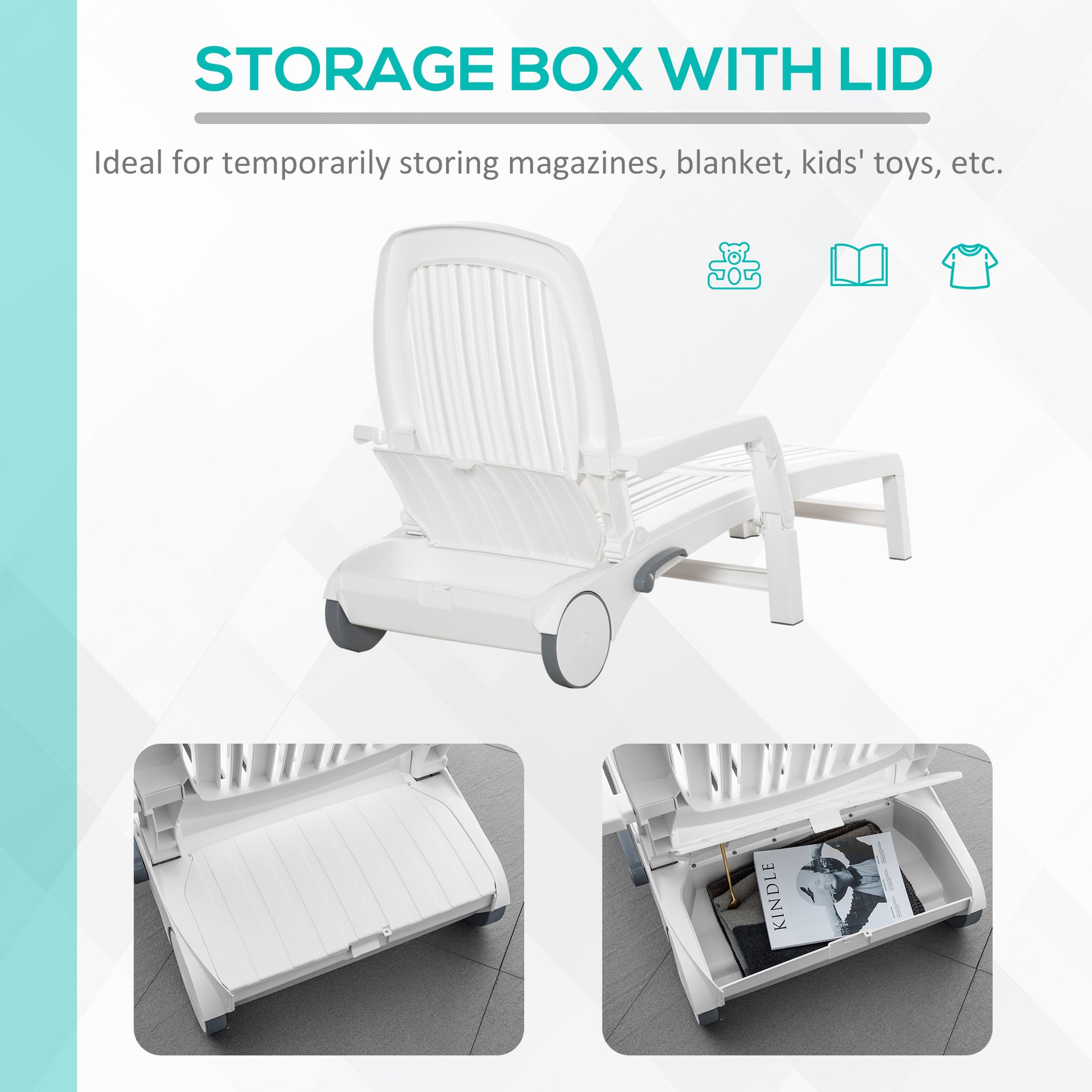 Outsunny Outdoor Chaise Lounge Chair On Wheels With Storage Box, Waterproof Lounger With Quick Assembly, Folding Design, 5 Level Adjustable Backrest For Pool, Beach, Patio, Garden, White White Polypropylene