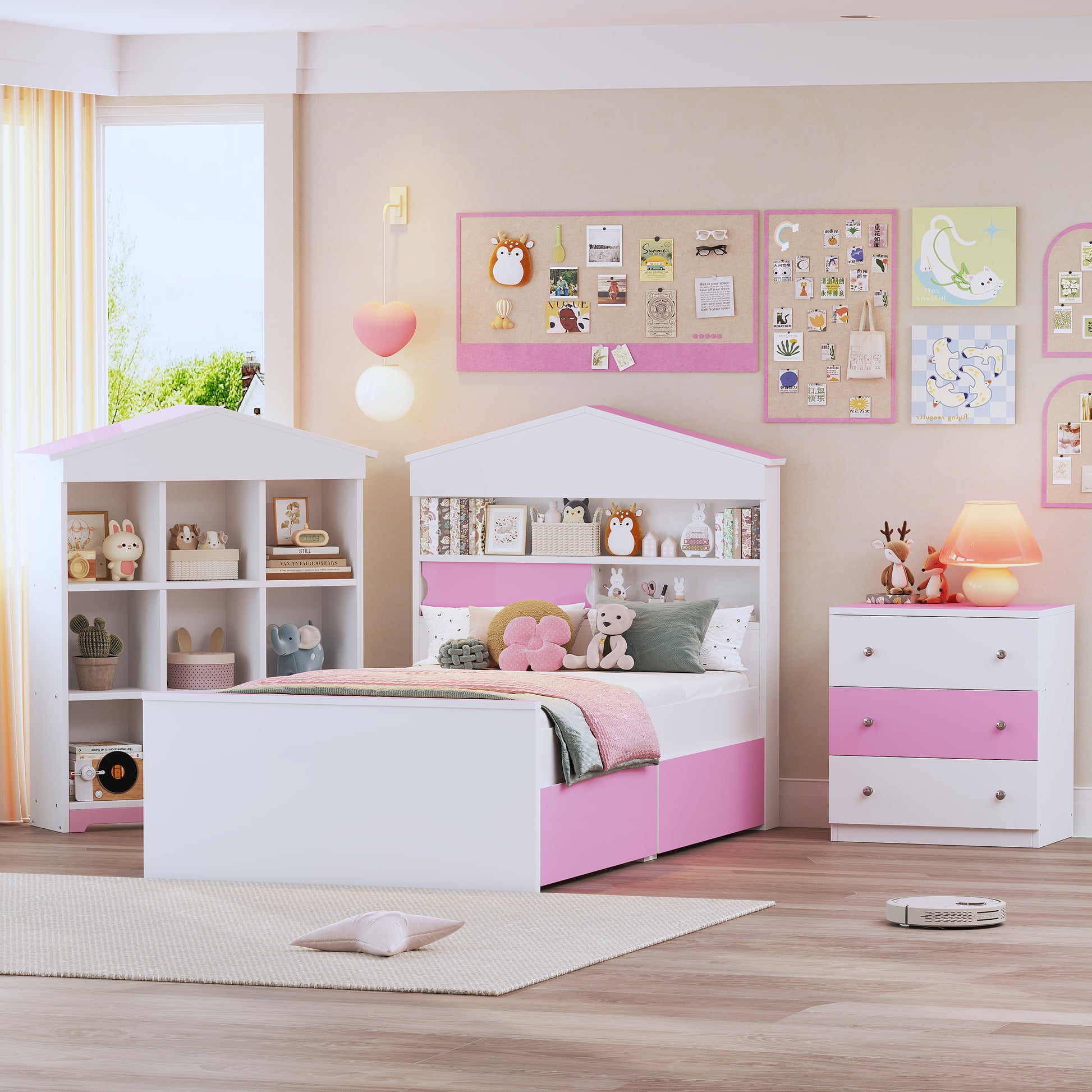 3 Pieces Bedroom Sets, Twin Size House Shaped Wooden Bed With Storage Drawers, Nightstand With Colorblock Design And House Shaped Stroage Rack, Pink White Twin White Pink 3 Piece Set Wood