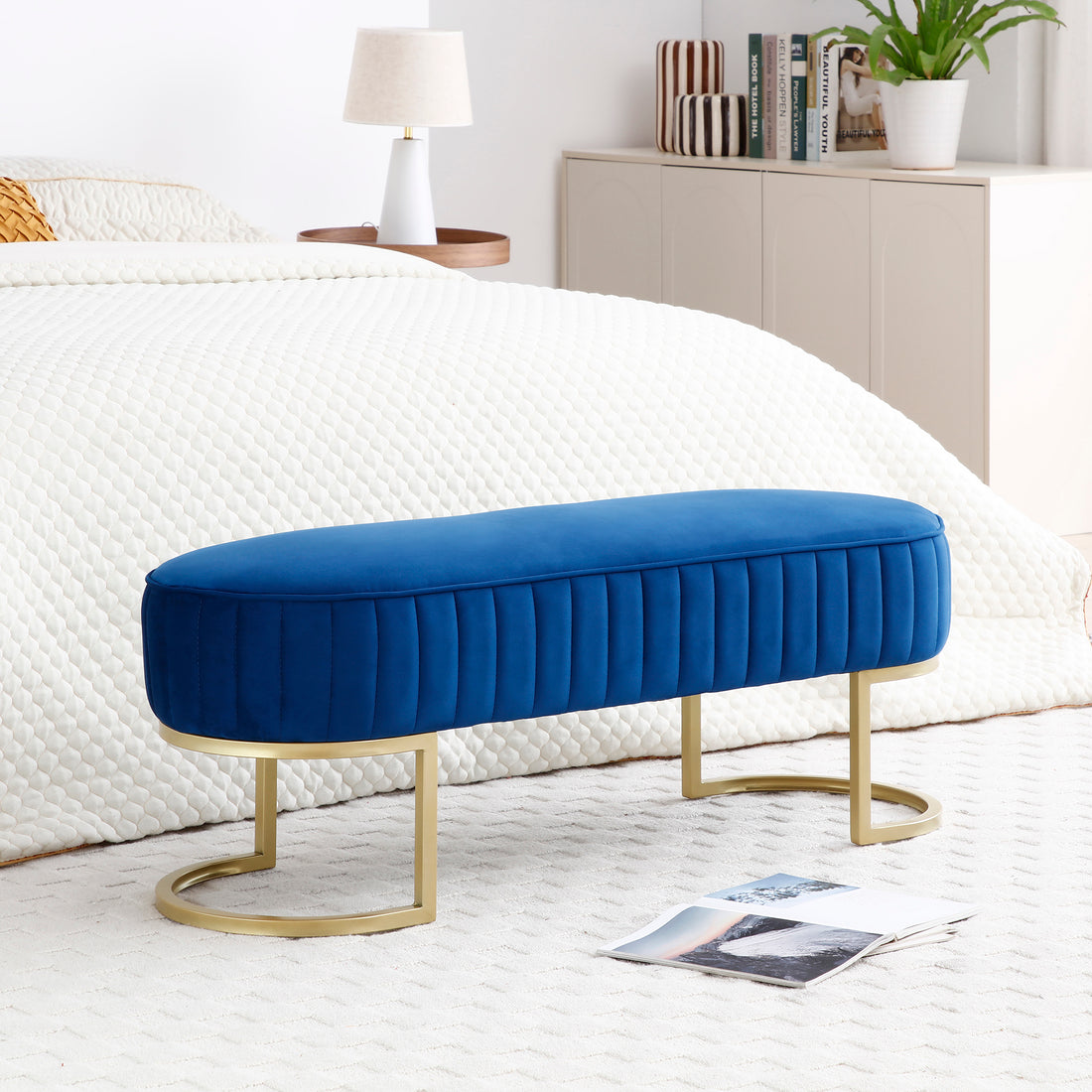 Bench Bedroom Bench ,Velvet Oval Upholstered End Of Bed Bench With Golden Metal Legs ,48" Modern Storage Ottoman Bench For Bedroomliving Room, Entryway Window ,Blue Blue Velvet