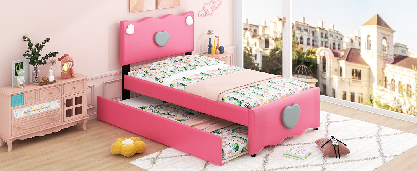 Twin Size Upholstered Platform Bed With Trundle And Heart Shaped Decoration, Dark Pink Box Spring Not Required Twin Dark Pink Wood Bedroom Bed Frame Faux Leather Upholstered