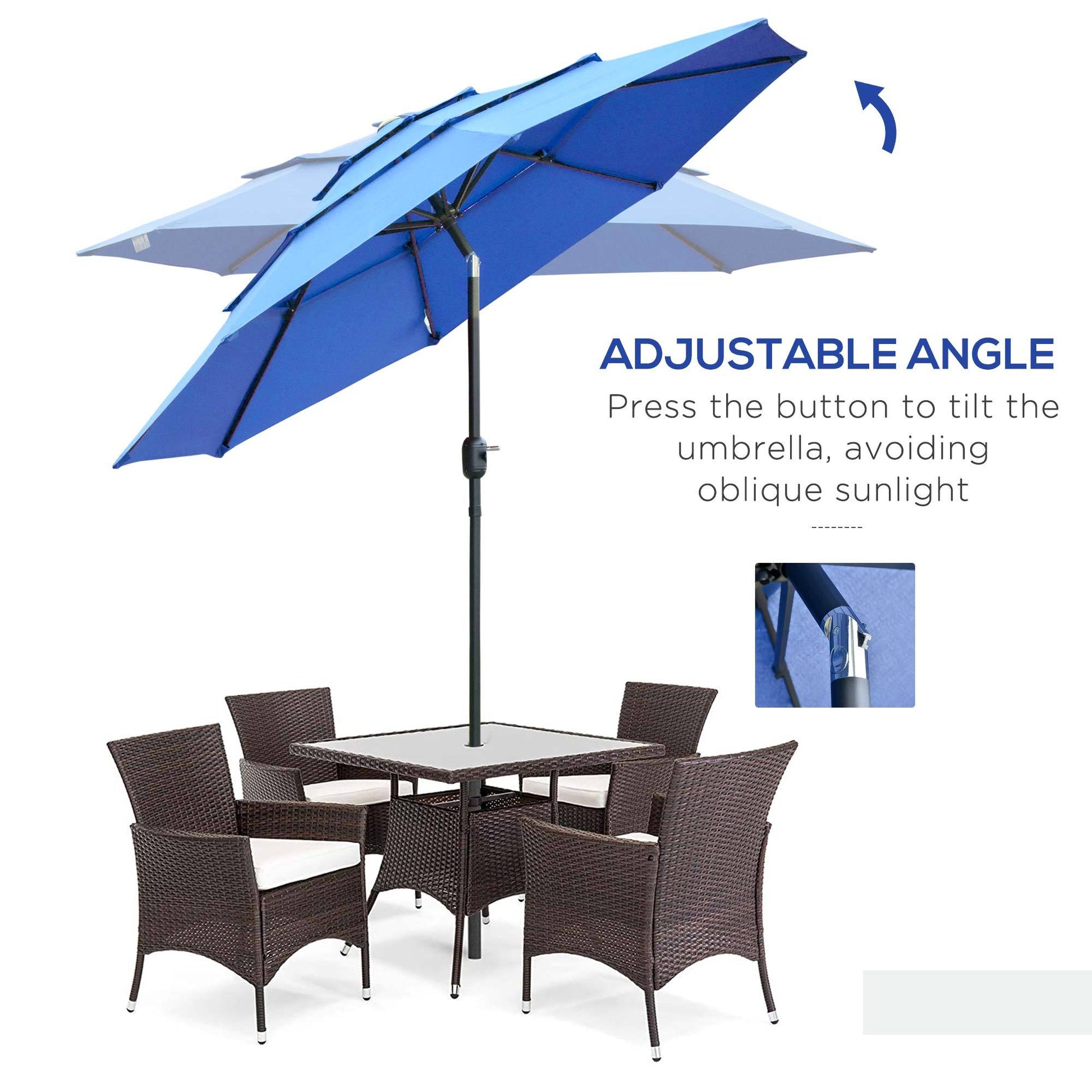 Outsunny 9Ft 3 Tiers Patio Umbrella Outdoor Market Umbrella With Crank, Push Button Tilt For Deck, Backyard And Lawn, Dark Blue Blue Polyester