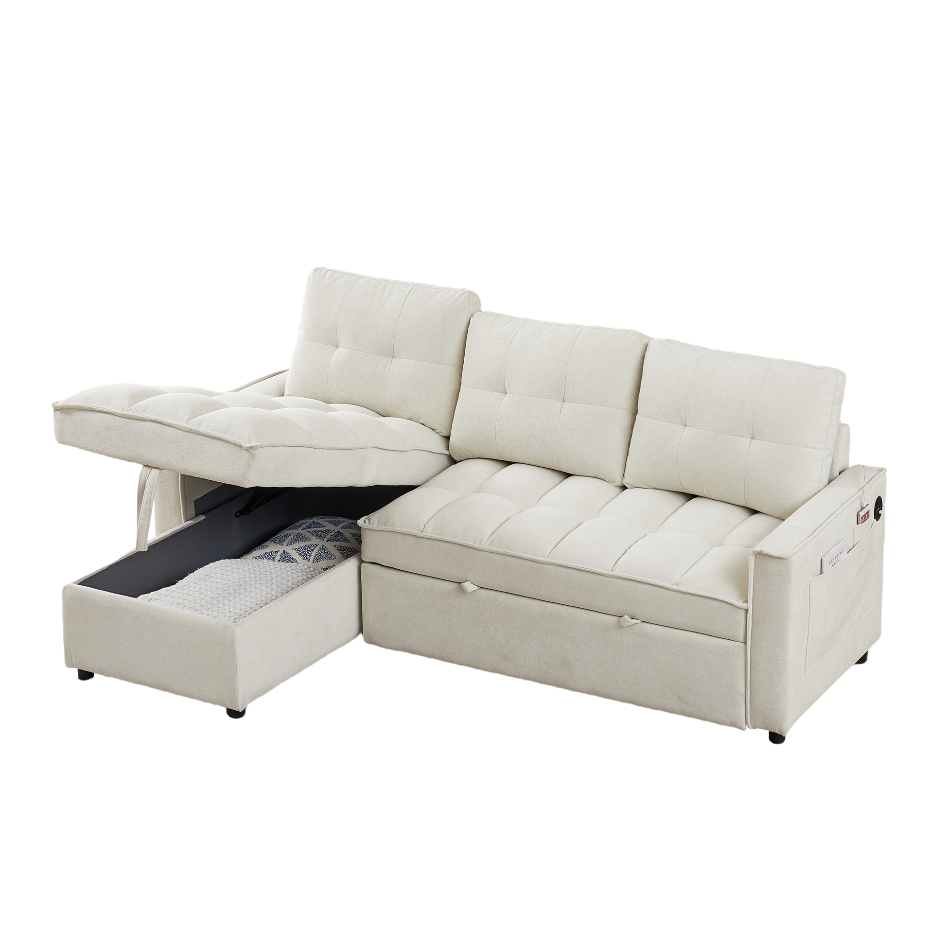 Mh 78.75" Reclining Sofa, Pull Out Sofa Bed With Usb And Tape C Charging Ports, L Shaped Sectional Sofa With Reclining Storage And Arm Side Organizer Pocket Features, Living Room Comfort Sofa Beige Chenille Wood Primary Living Space Eucalyptus Foam