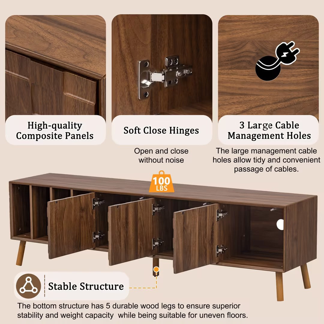 70" Mid Century Modern Tv Stand, Media Console Table For Tvs Up To 80'', Entertainment Center With 5 Solid Wood Legs For Living Room, Bedroom Walnut Primary Living Space 70 79 Inches 70 79 Inches