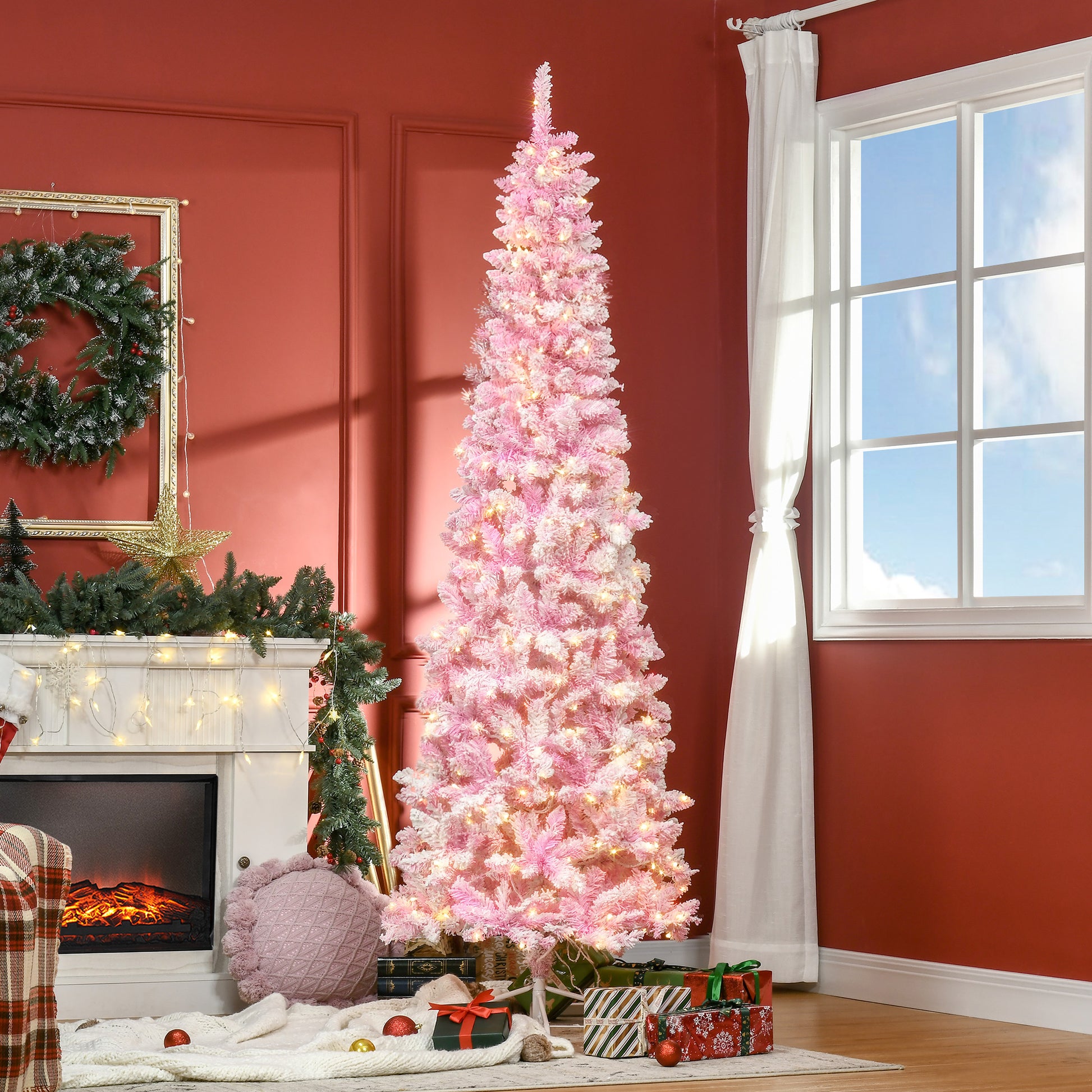 Homcom 7.5Ft Prelit Snow Flocked Artificial Christmas Tree With Pencil Shape, Pine Realistic Branches, Warm White Led Lights, Auto Open, Pink And White Pink Plastic