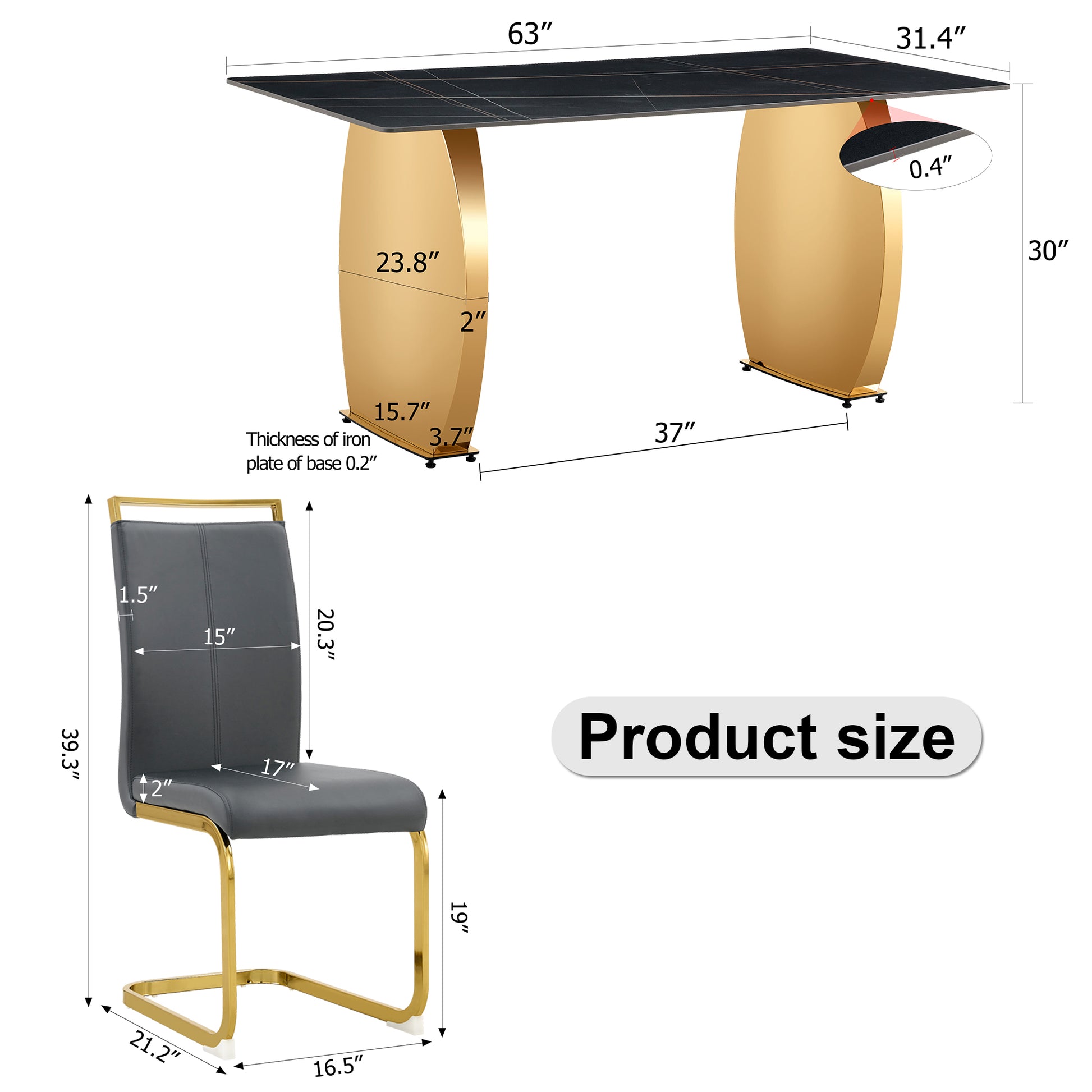 Table And Chair Set,Modern Rectangular Table With 0.4 Inch Black Patterned Tabletop And Gold Legs, Suitable For Kitchen, Dining Room, And Living Roomcomfortable Pu Seats,Perfect For Dinner, Meet Grey Black Seats 4 Sintered Stone