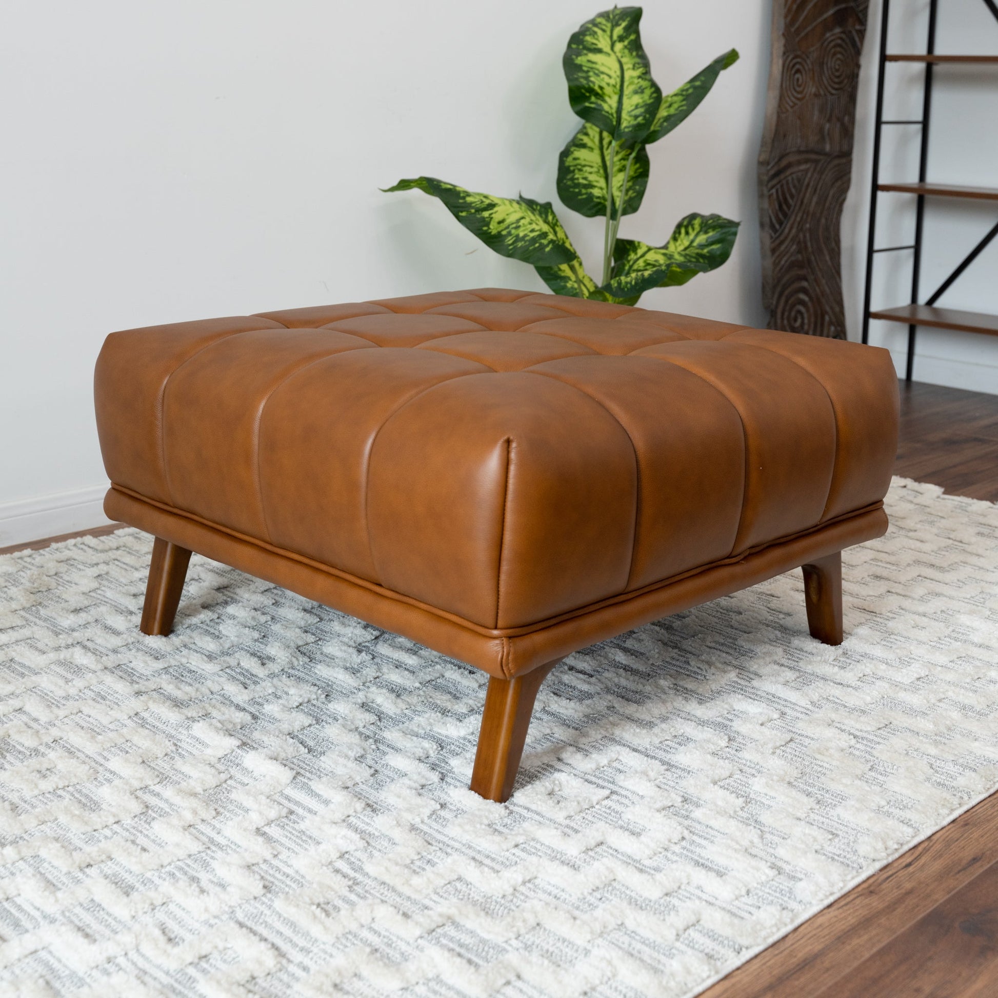 Addison Square Upholstered Ottoman Antique Brown,Brown,Cognac,Rustic Genuine Leather Wood Backless Solid Brown Square Armless Tufted Leather,Solid Wood